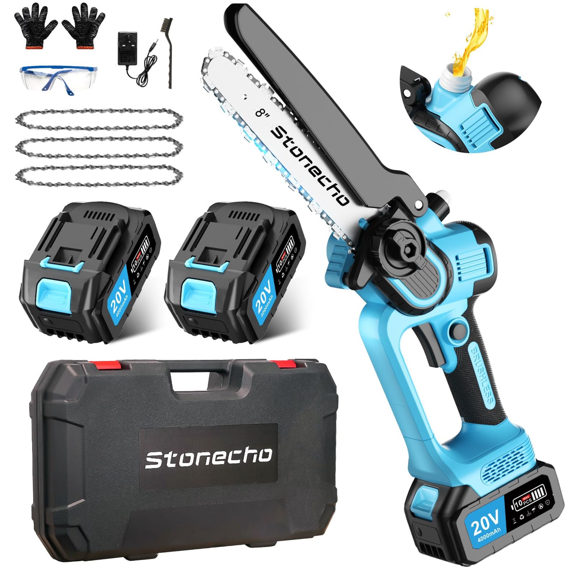 Mini Chainsaw 8 Inch Cordless Brushless Motor with 2x4000mAh Batteries, Oiler System and 3 Chains for Tree Branch Cutting - Blue MC04