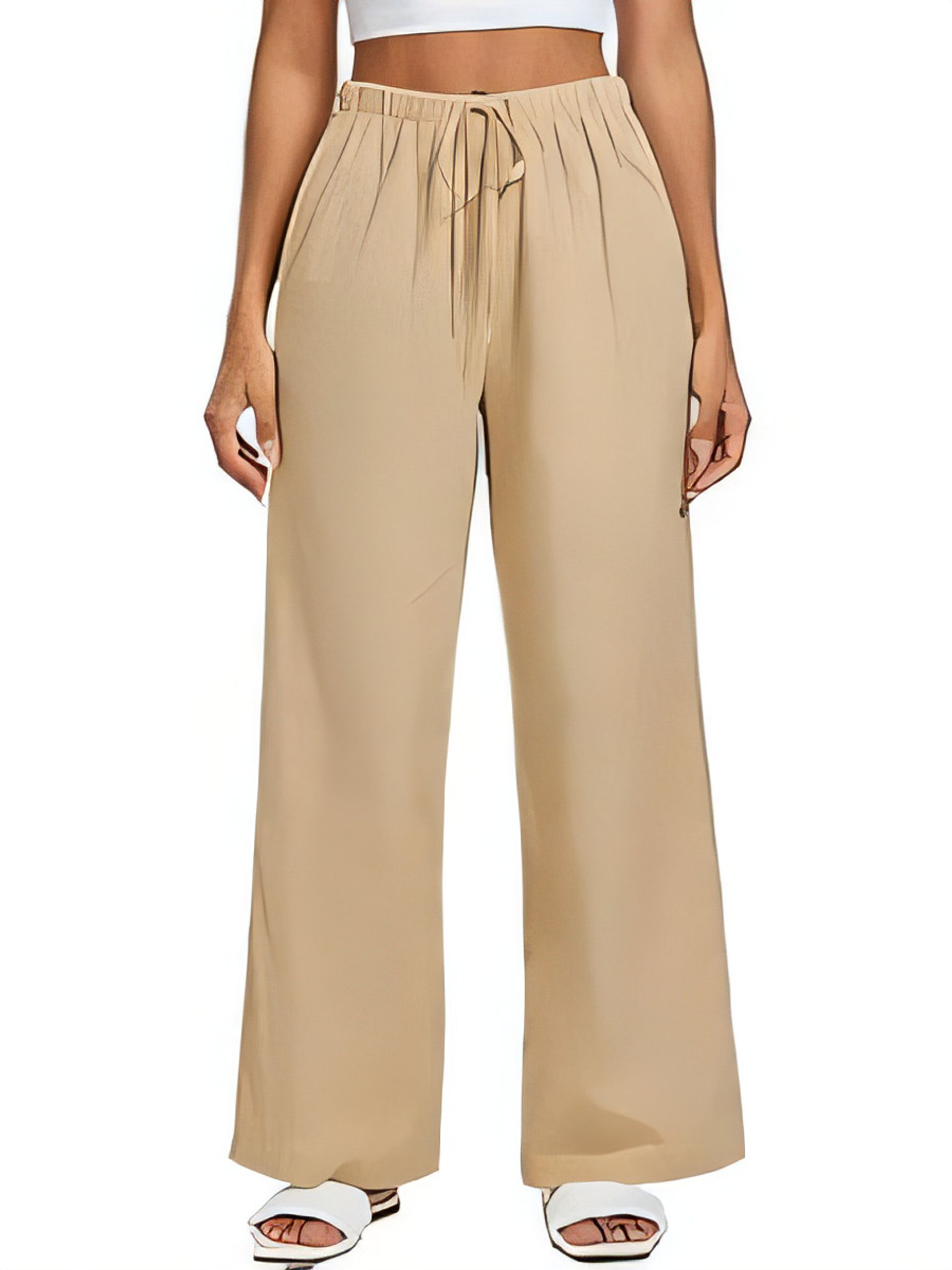 Women's Casual Cotton Linen Wide Leg Trousers with Pockets - Elastic High Waist Summer Beach Pants