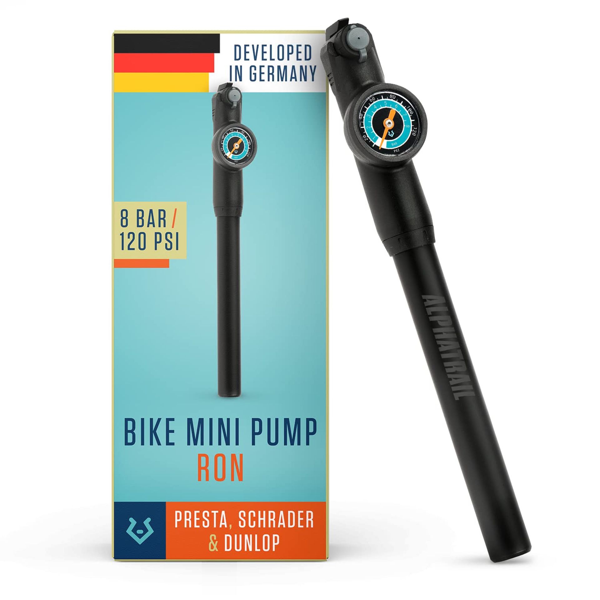 Mini Bike Pump 120 PSI Extendable Head for Presta Schrader Dunlop Valves Incl. Adapter - Black AT-570