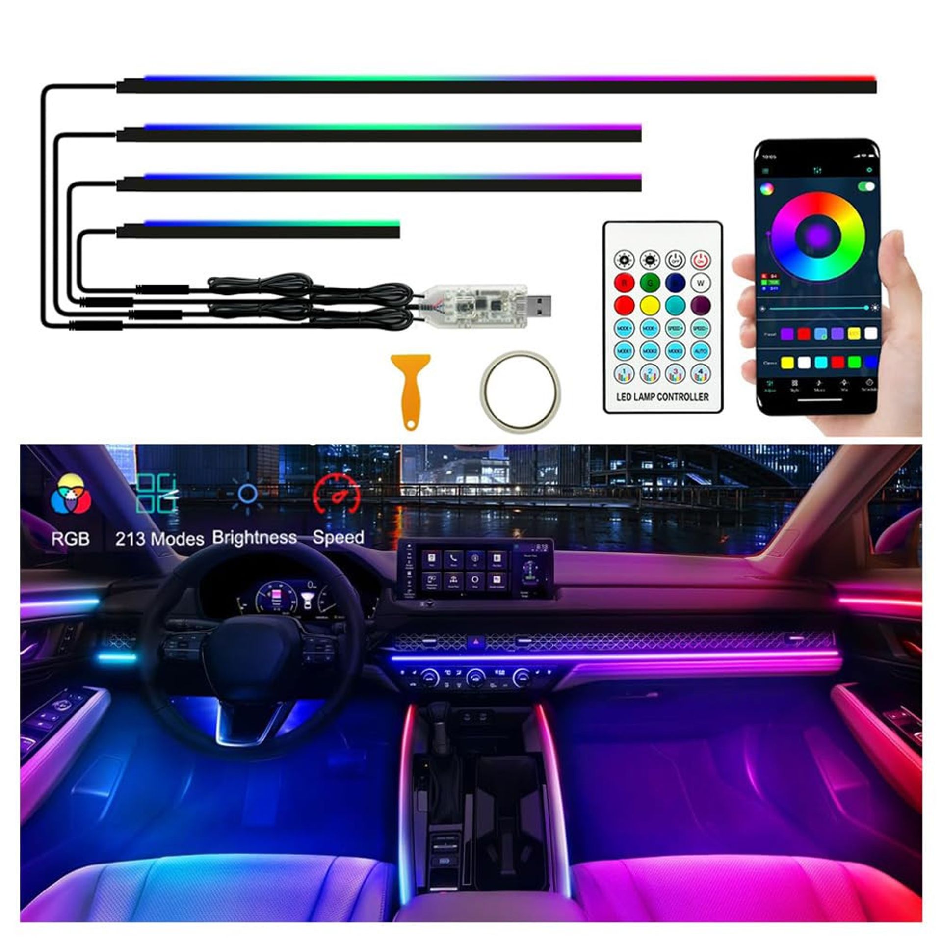 Acrylic LED Car Interior Strip Lights 4 in 1 Dreamcolour Ambient Lighting Kit with APP and Remote Control - RGB 4 in 1