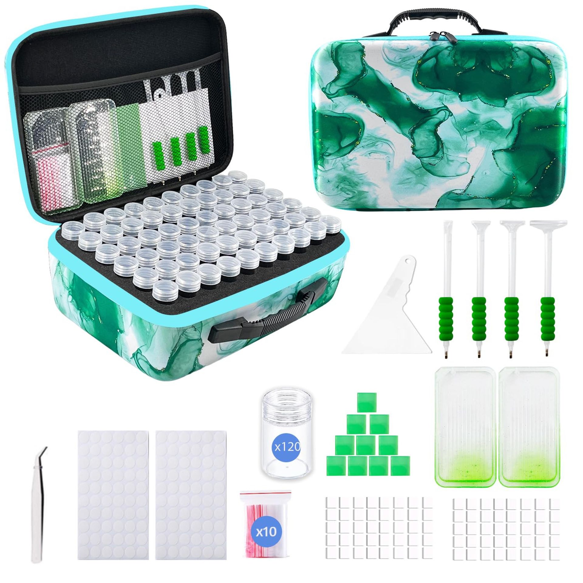 Diamond Art Storage Case 120 Slot Bead Organiser with Dot Drill Tools Portable Box for 5D DIY Diamond Painting - Green L