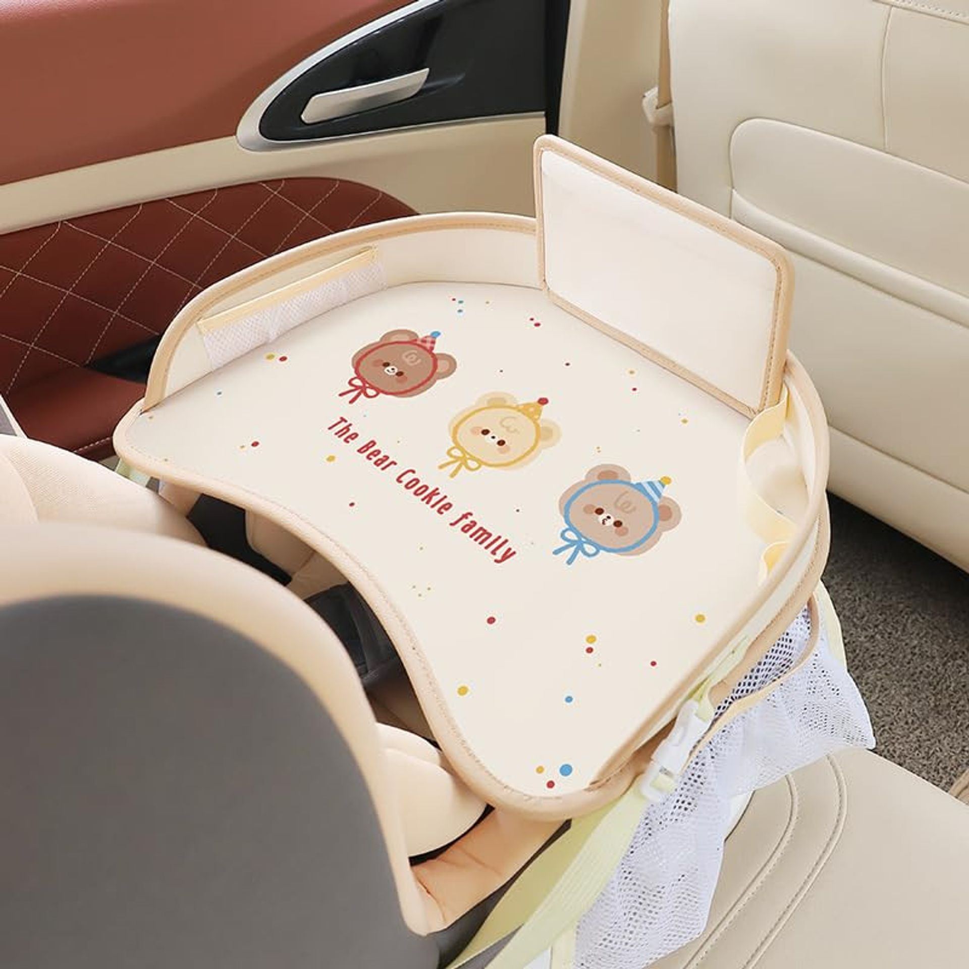Kids Travel Tray for Car Seat with Tablet Holder Waterproof Foldable Lap Desk for Toddlers - Beige Hat Bear