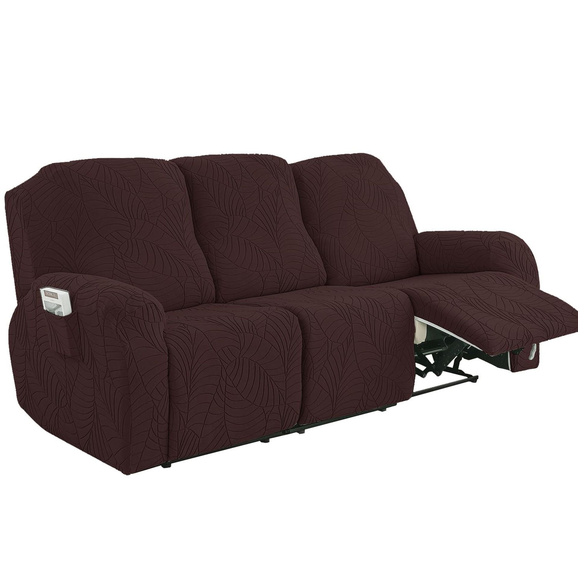 Stretch Jacquard Recliner Chair Cover Polyester Spandex with Side Pocket - Brown 3 Seater