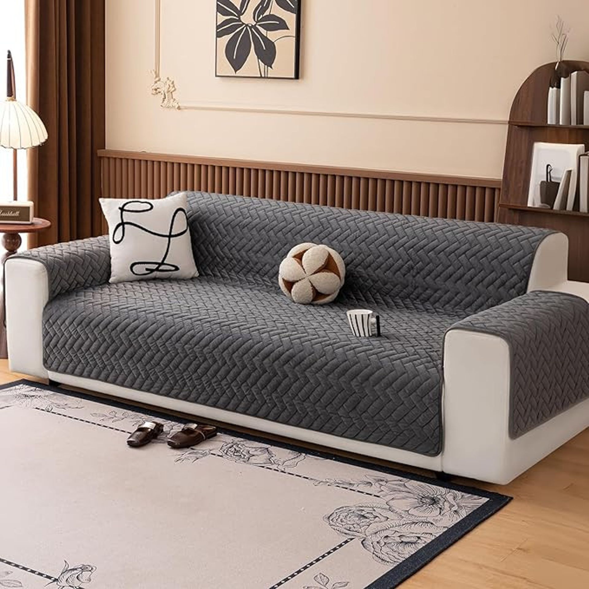 Quilted Velvet Sofa Cover 4 Seater Soft Washable Slipcover Protector for Pets and Spills - Geometry Grey