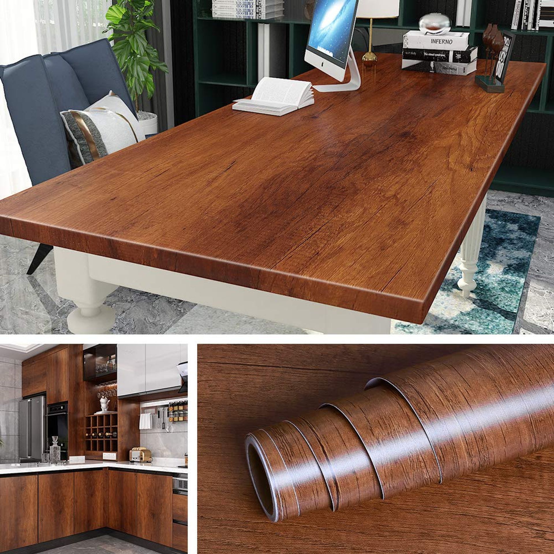 Wood Effect Self Adhesive Vinyl Wallpaper Roll for Kitchen Worktops, Cabinets and Furniture Covering - Brown 40x1000cm