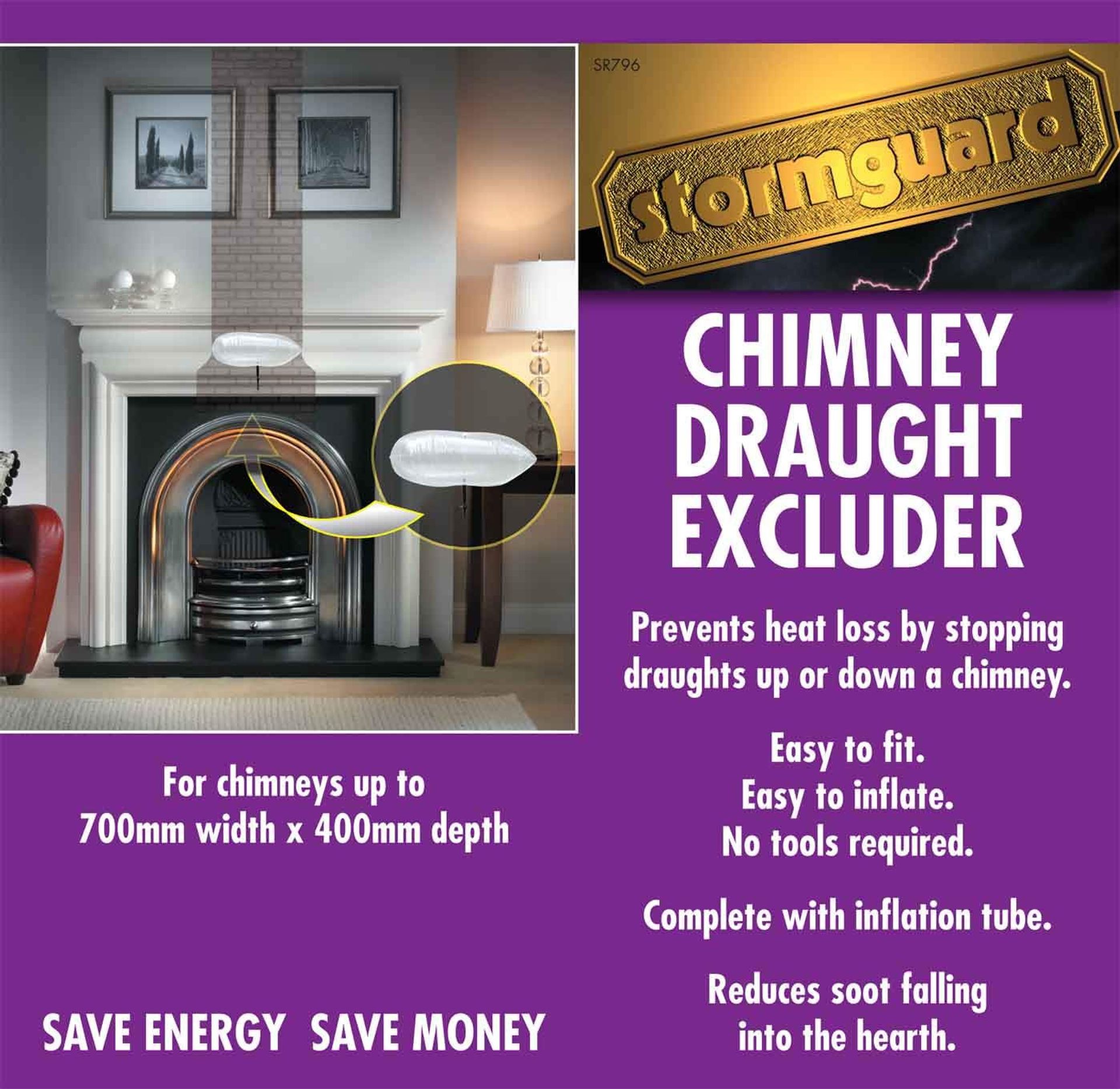Universal Chimney Draught Excluder Air Cushion Prevents Heat Loss & Soot Entry Fits 10-70cm Chimneys - White Standard