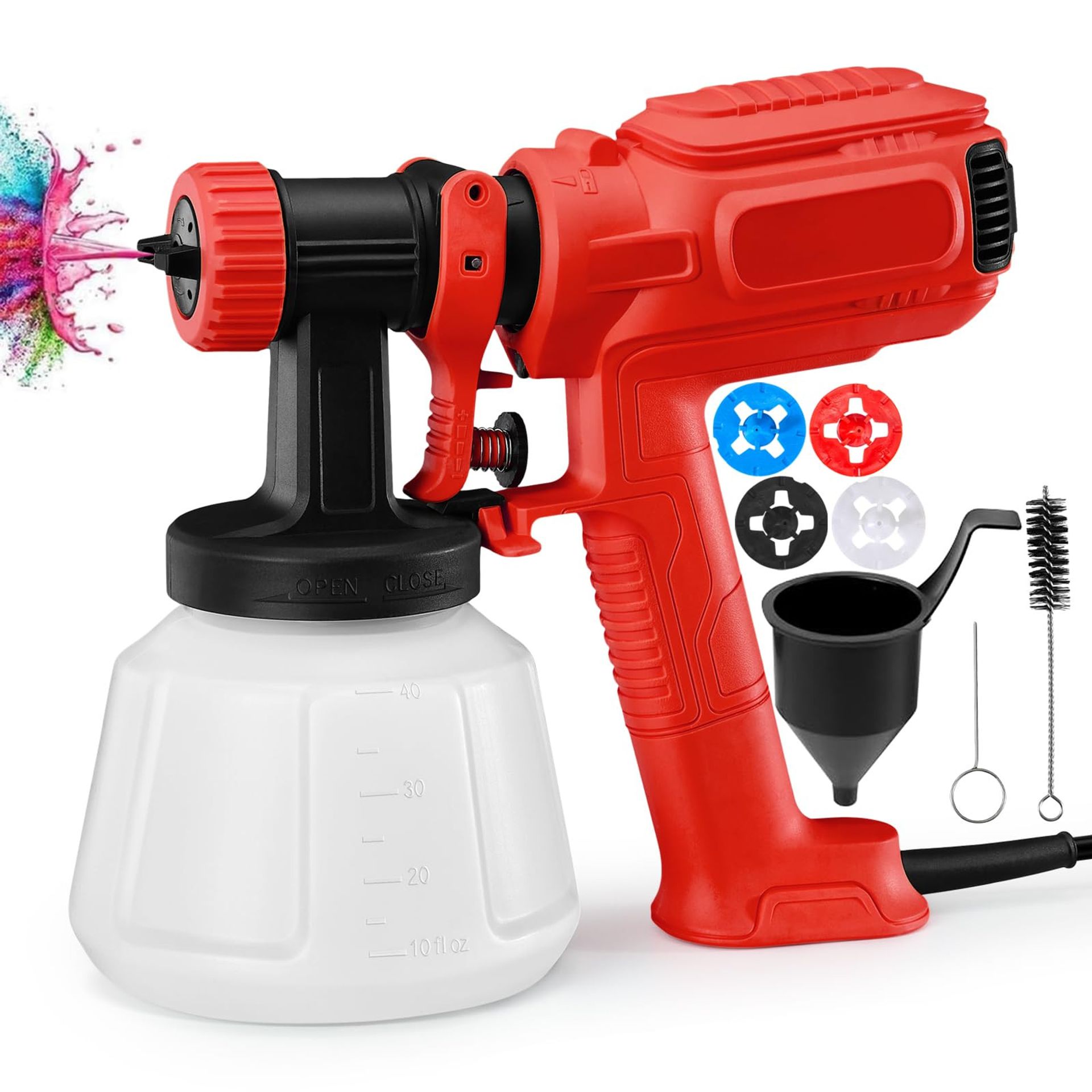 Electric Paint Sprayer 1200ML 600W Spray Gun with 4 Nozzles 3 Patterns for Walls, Fences & Furniture - Red