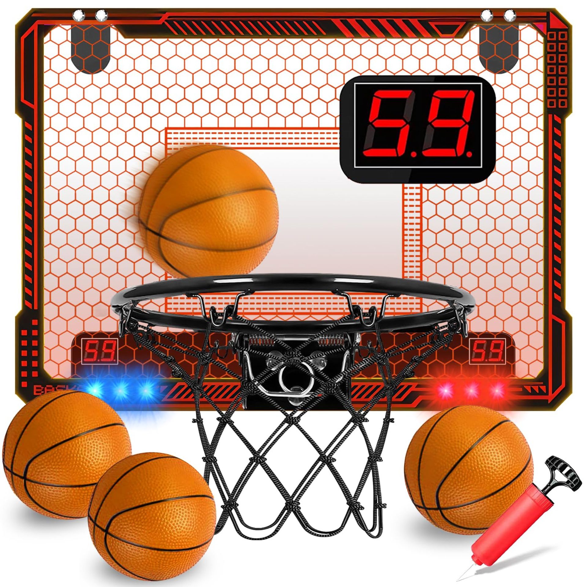 Indoor Basketball Hoop Set with LED Lights Automatic Scorer & 4 Balls - Red Grid Backboard Double-player Style