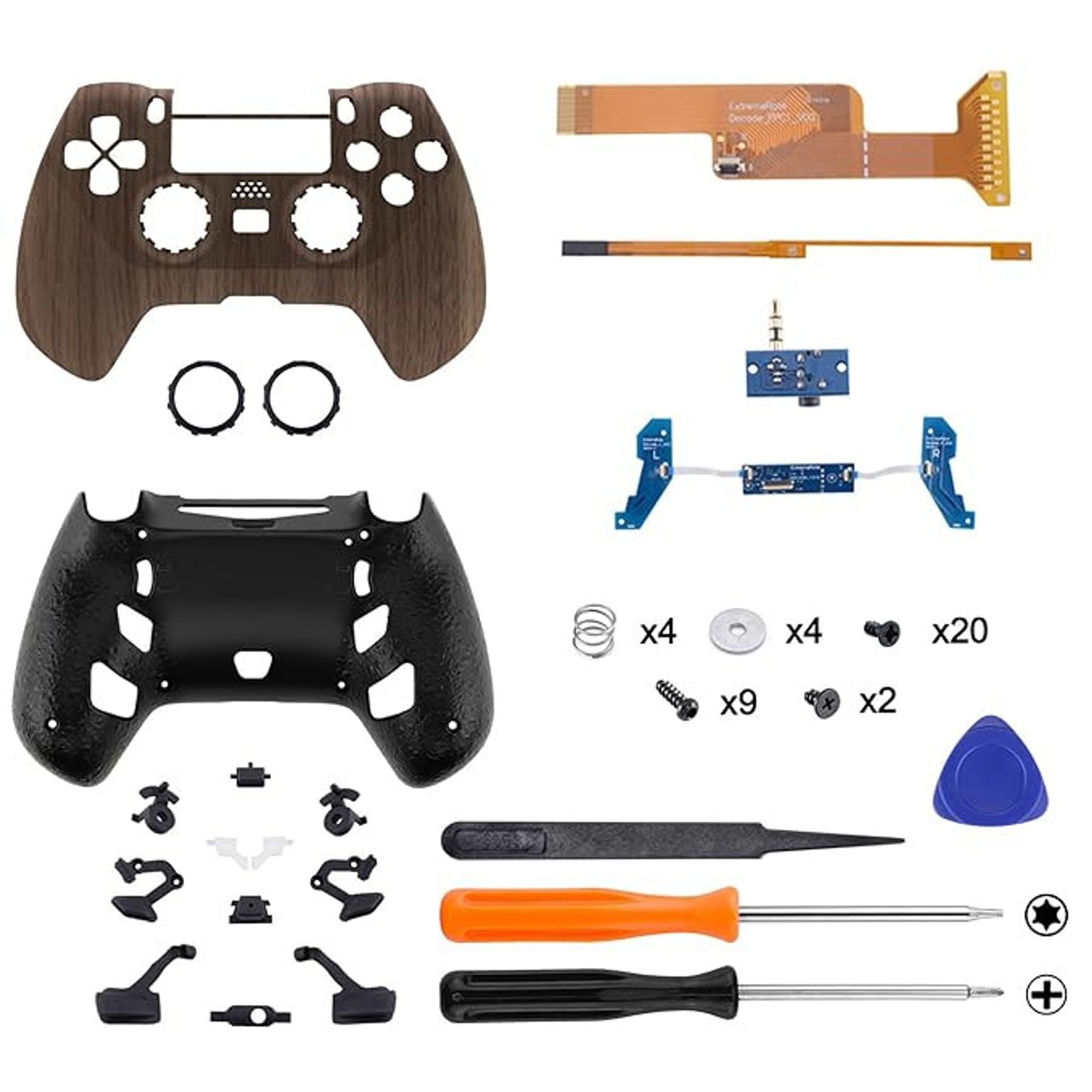 PS4 Controller Upgrade Kit Remap Board Back Buttons & Trigger Stops - Wood Grain Decade Tournament Style