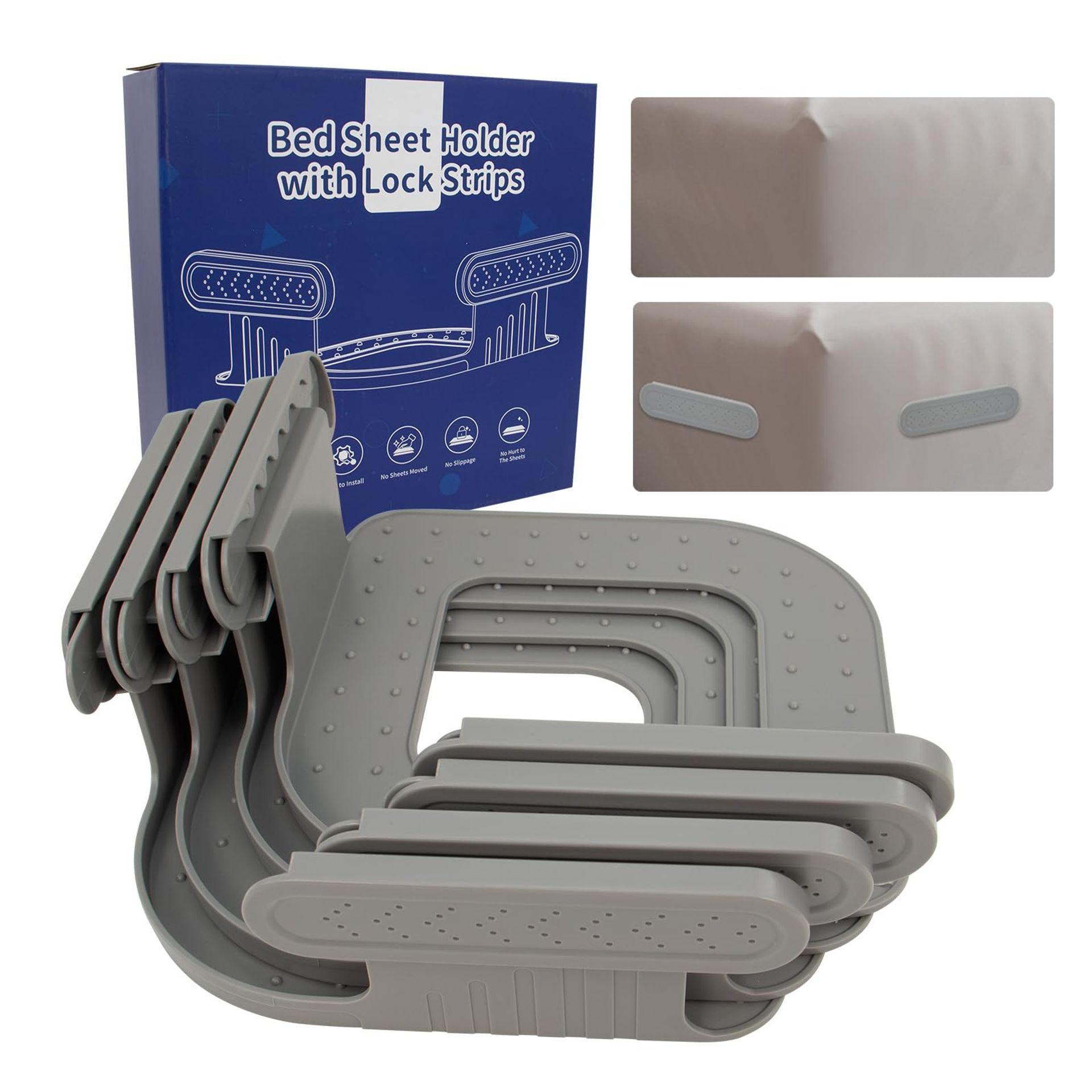 Bed Sheet Holder Clips Adjustable Fasteners with Lock Straps for Fitted Sheets Keeps Bedding Tight on Mattresses 6–15cm - White One Size