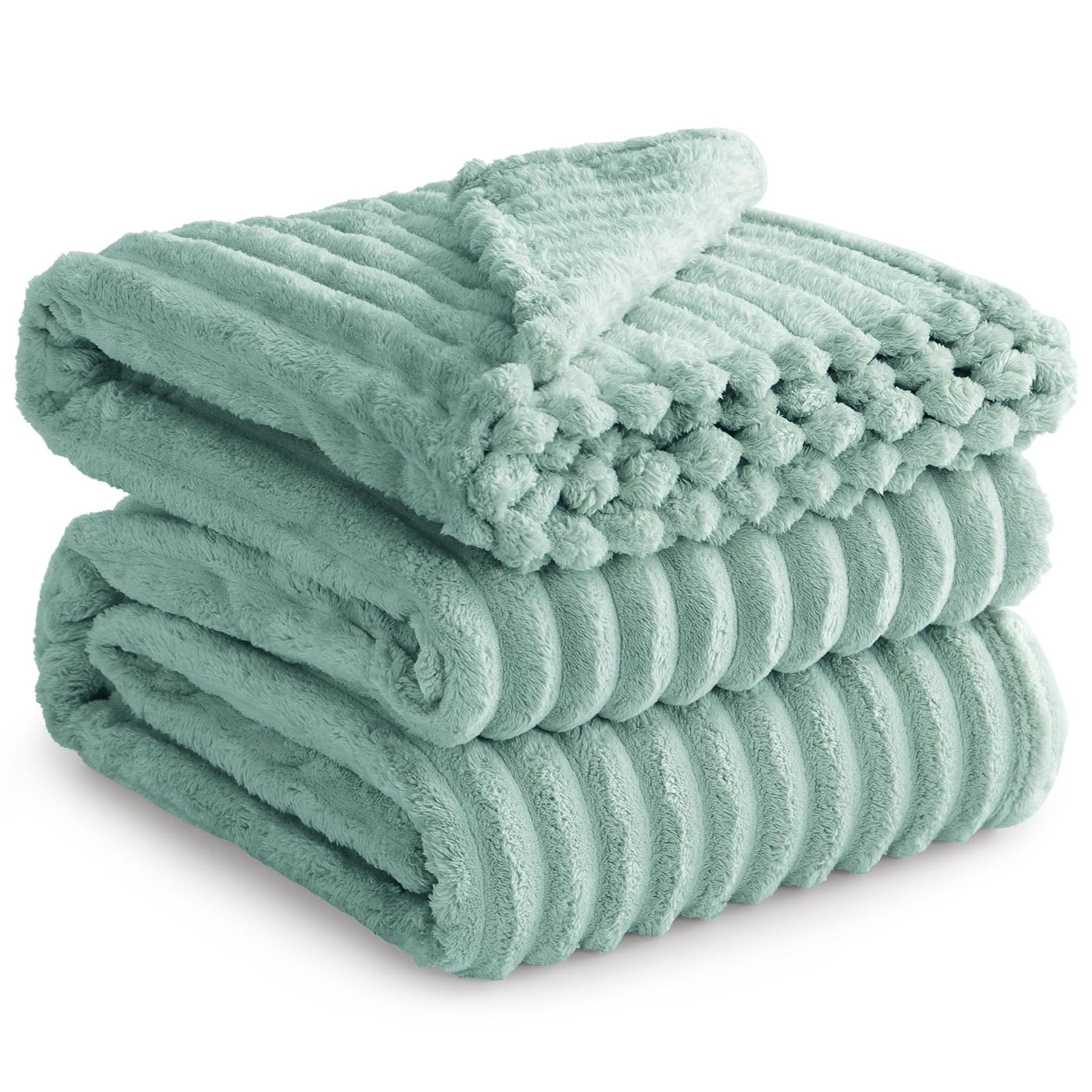 Fleece Throw Blanket Fluffy Soft Warm Decorative Ribbed Design for Sofa or Bed - Light Green King - Spring Refresh