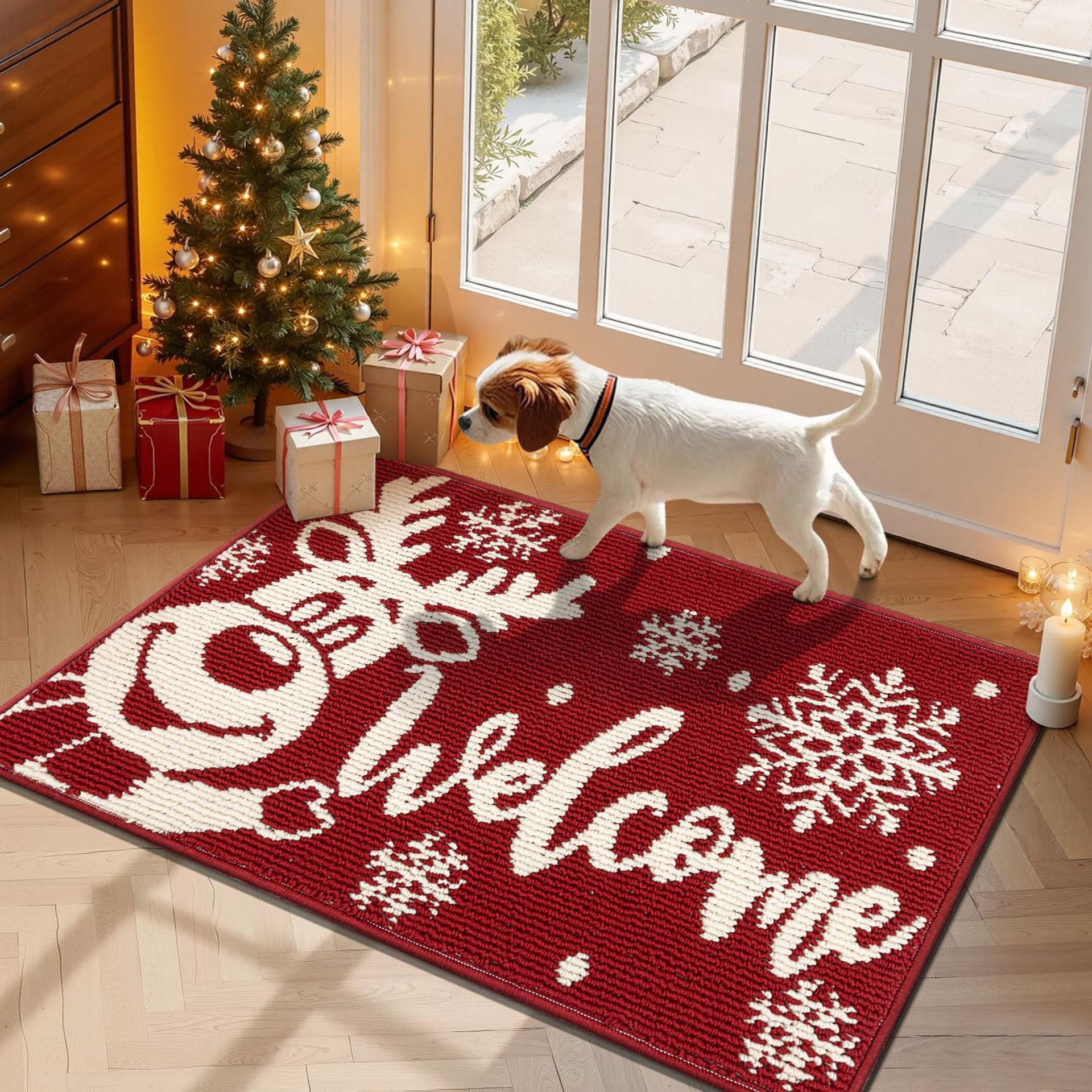 Christmas Door Mat Indoor Loop Pile Dust and Dirt Trapper Non-Slip Floor Mat Absorbent Entrance Rug Holiday Elk Pattern - Red 60 x 90 cm