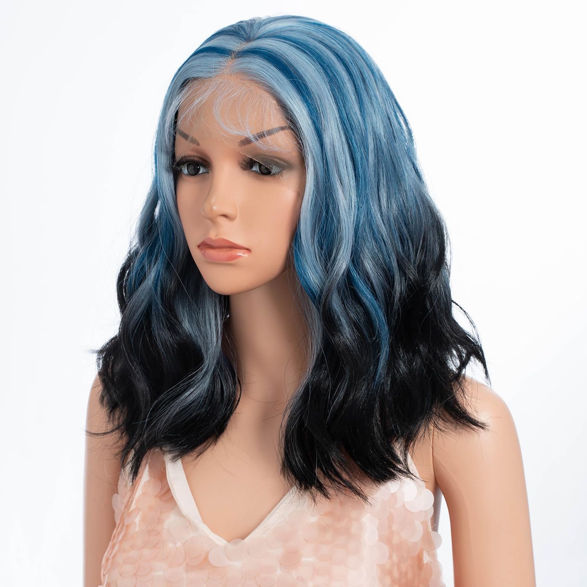 Bob Lace Front Wig Short Wavy 13x7 Frontal Glueless Pre-Plucked Synthetic Heat Resistant - Blue 12 Inch