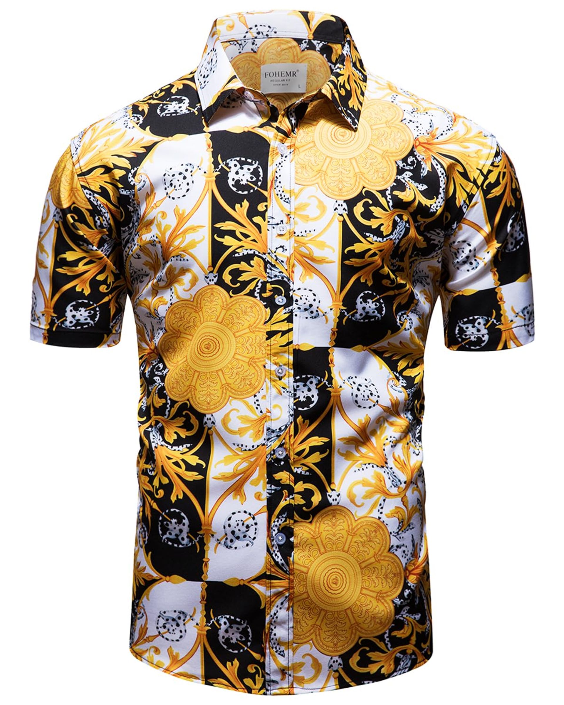 Men's Baroque Print Short Sleeve Button Down Casual Dress Shirt Luxury Design - Black 3XL