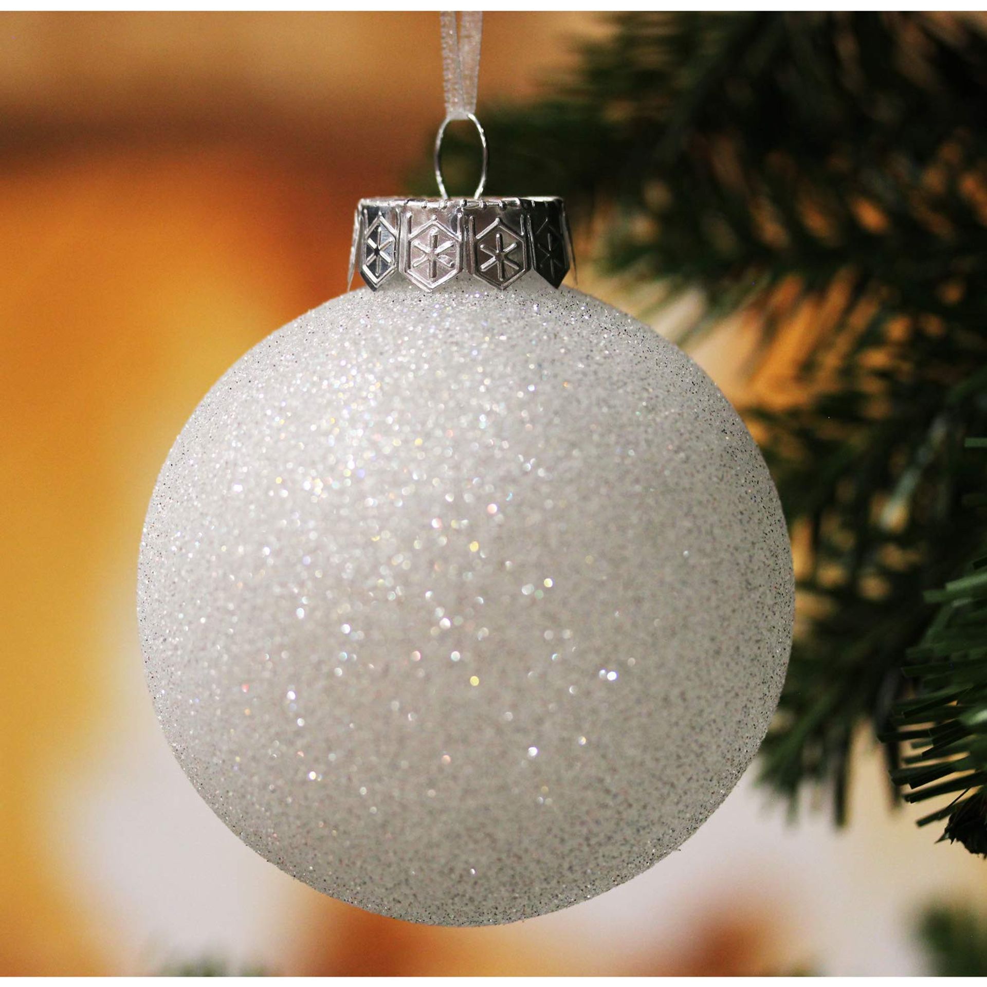 White Christmas Baubles Set Shatterproof Plastic Tree Decorations Glitter Snow Balls Icicles & Snowflakes - White 80mm