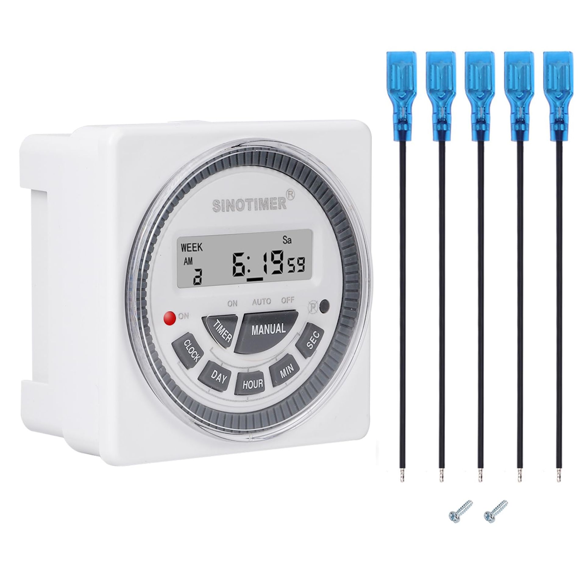 Digital LCD Power Programmable Timer Switch 220-240V with Relay & 5 Connecting Wires - White Panel Mount