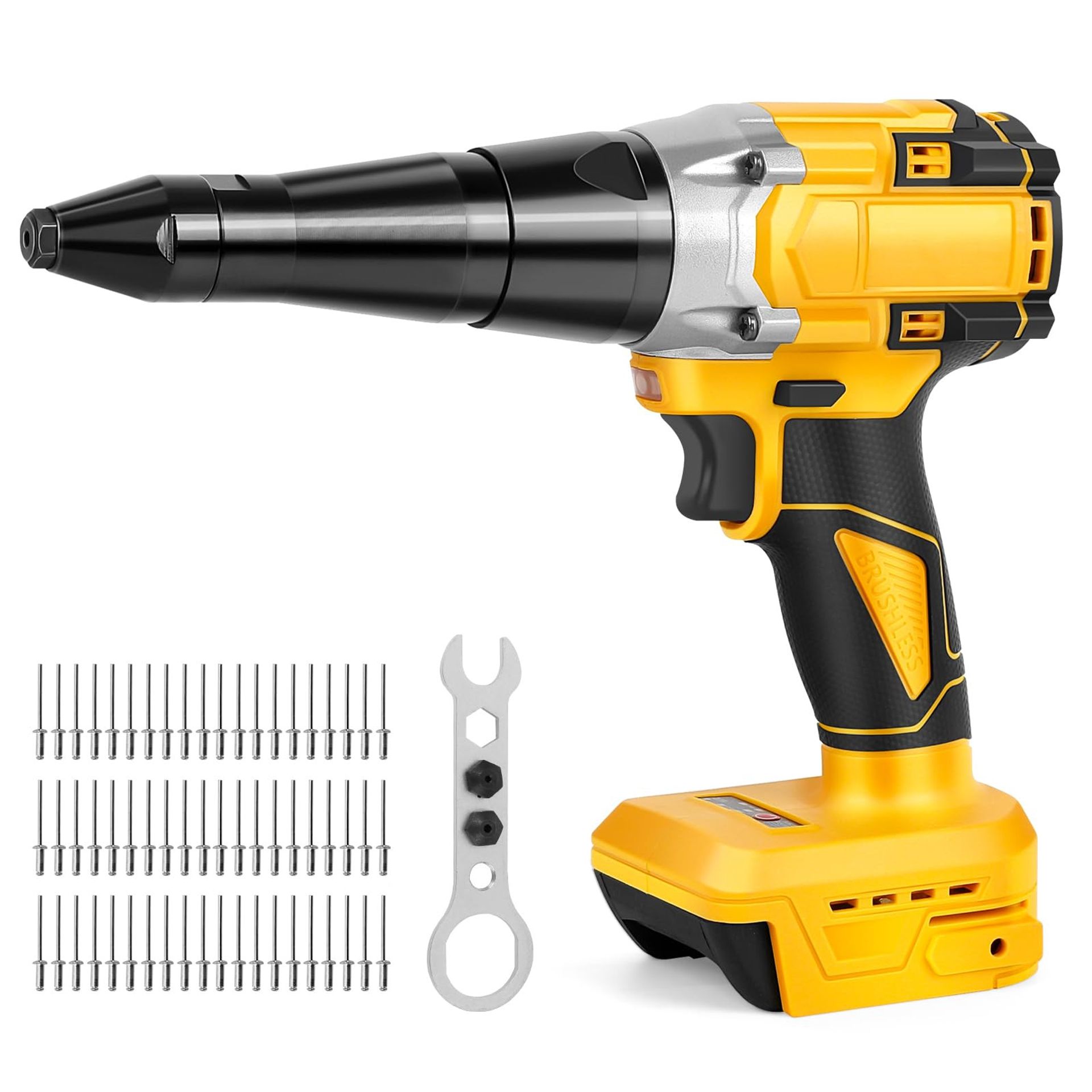 Cordless Rivet Gun Compatible with Dewalt 20V Battery, Brushless Motor, LED Light, 3 Adapters & 60 Rivets - Yellow Black ZS272-DW