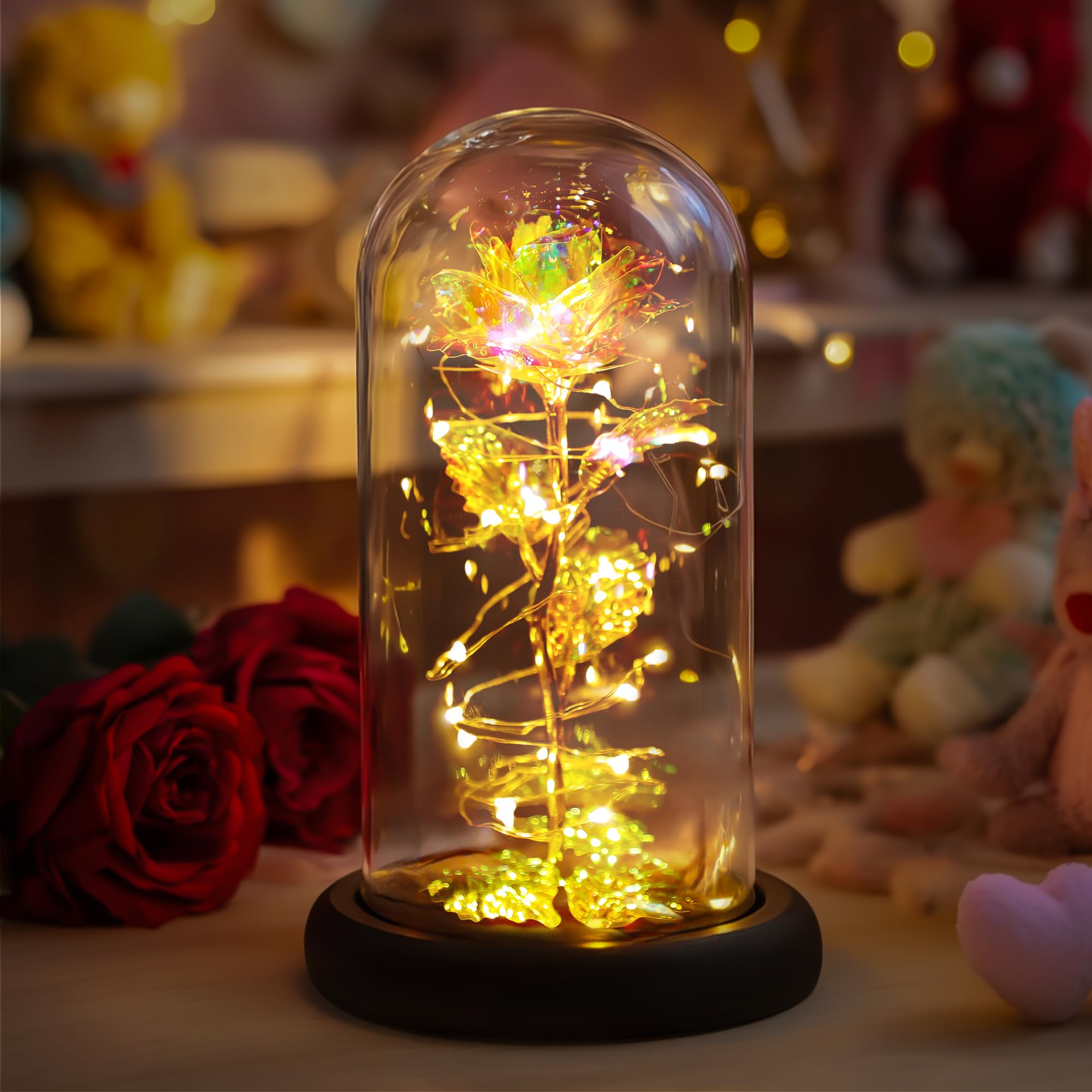 Colourful LED Rainbow Rose in Glass Dome for Women - Perfect Gift for Birthdays, Weddings & More - Valentines