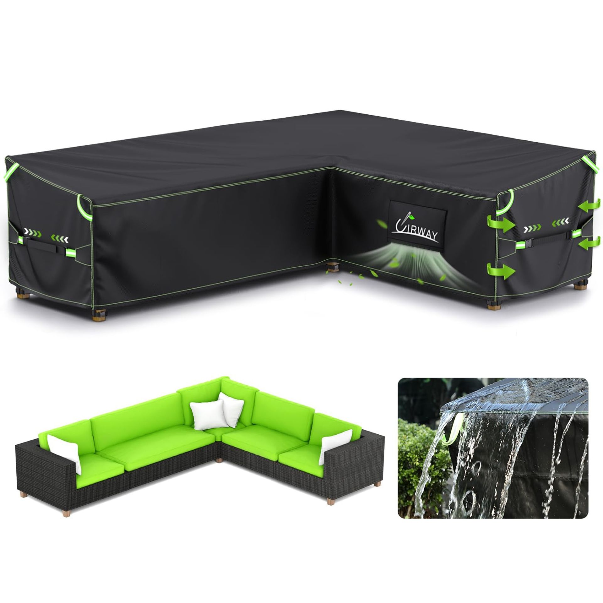 L-Shape Garden Furniture Cover Waterproof 420D Oxford Heavy Duty Outdoor Rattan Sofa Protector with Air Vent & Reflective Strips - Green 286x222x87cm