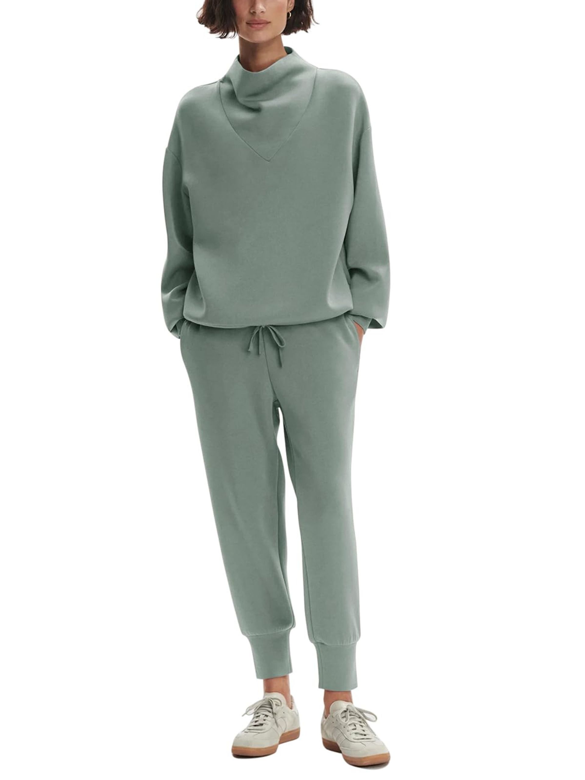 Women's Slouchy Mock Neck Lounge Tracksuit 2 Piece Set Soft Rayon Co Ord Outfit - Grey Green XL - Valentines