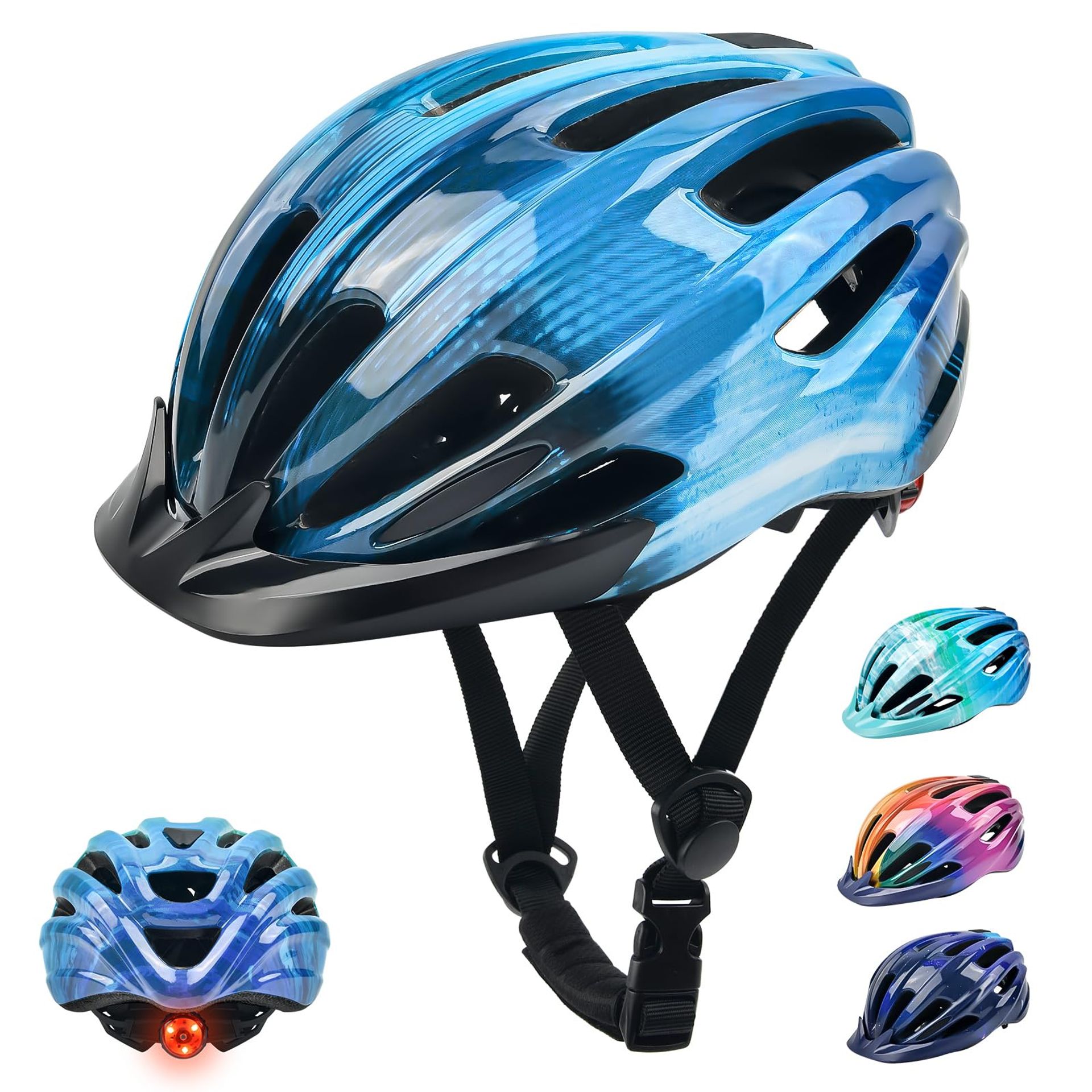 Kids Bike Helmet with Rear Light and Visor Adjustable Cycling Safety Headgear for Boys and Girls - Black Blue 50-57CM
