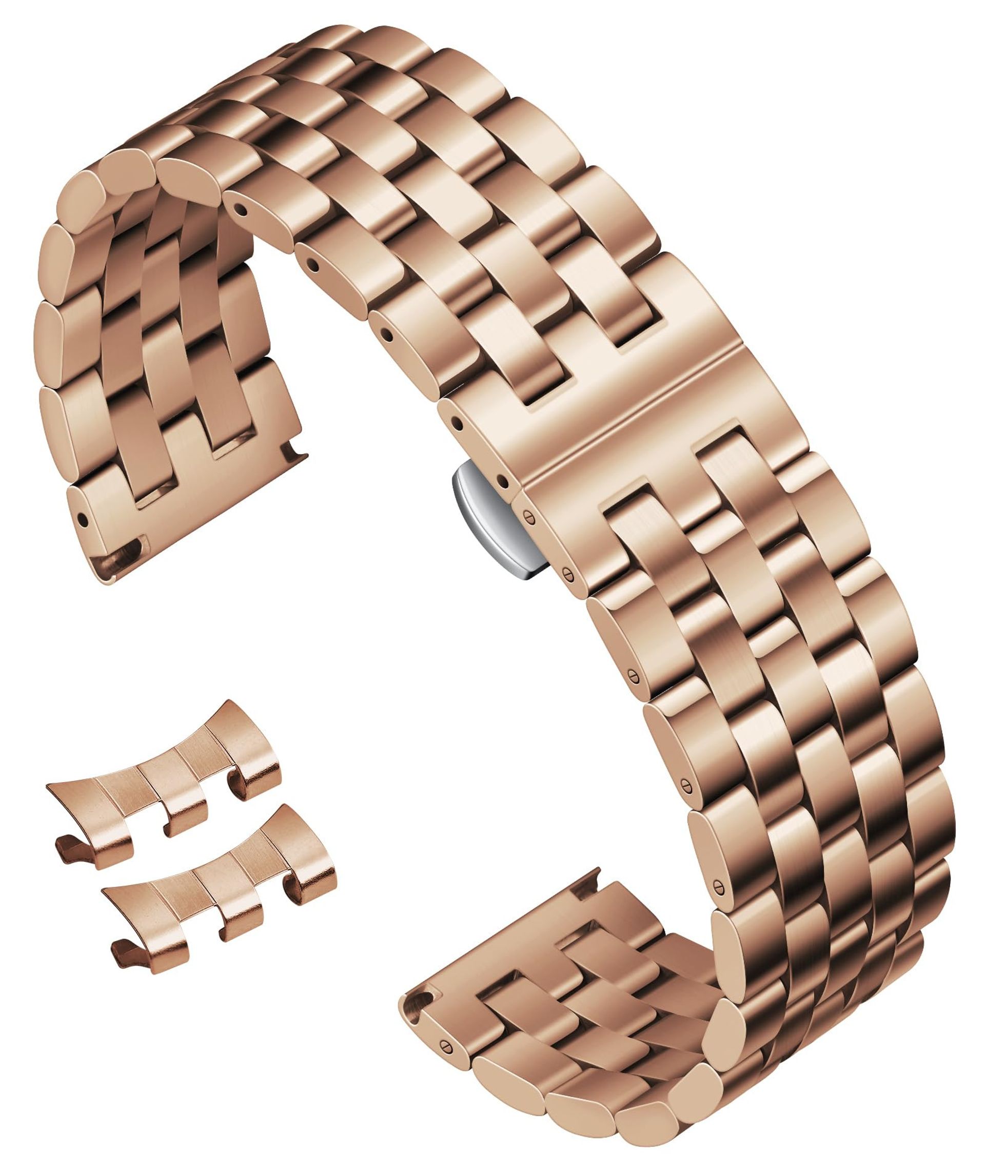 Stainless Steel Watch Strap Replacement Metal Band with Curved and Straight Ends Compatible with Smart and Traditional Watches - Rose Gold 21mm