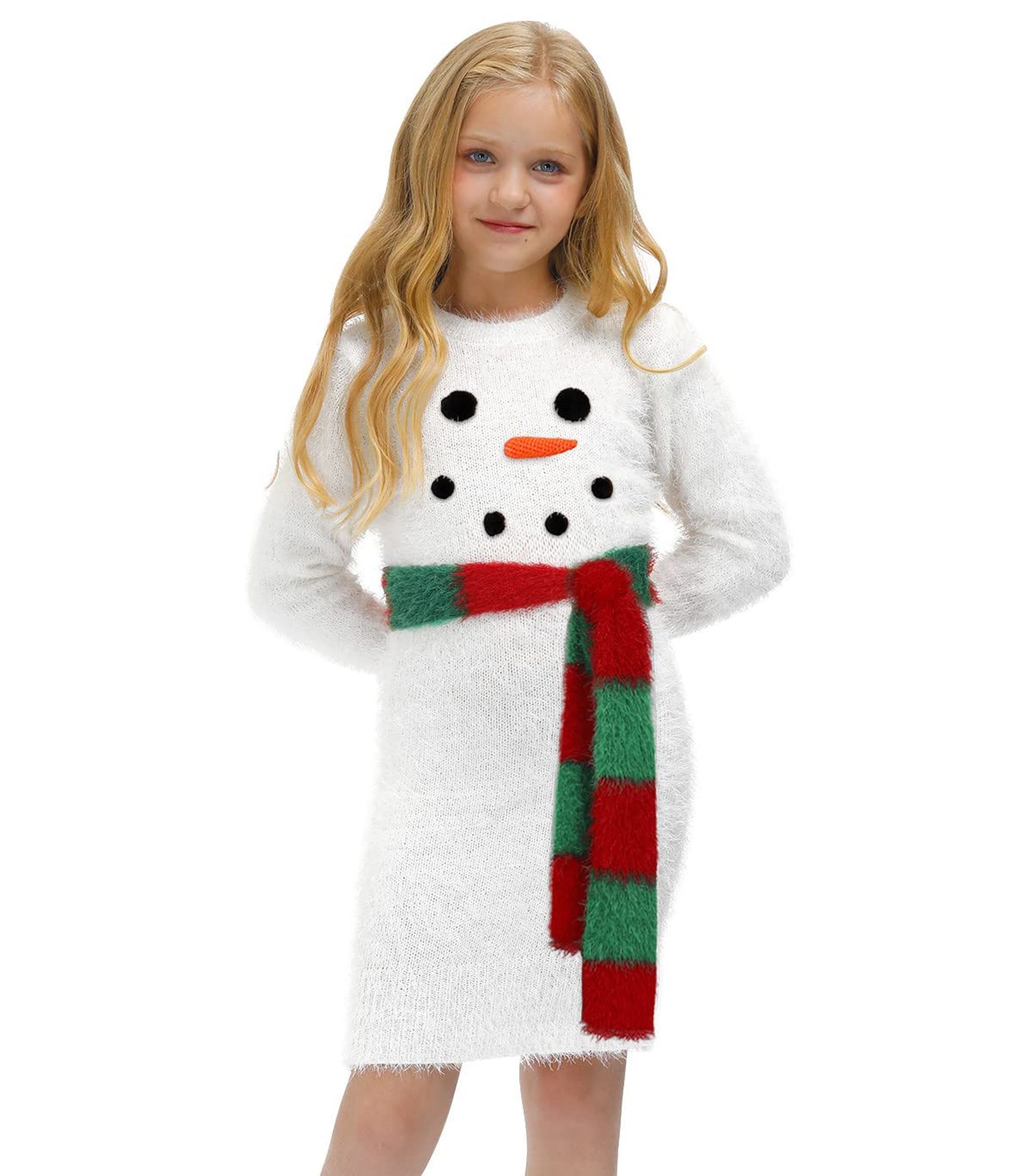Girls Christmas Knitted Dress Long Sleeve Party Crew Neck Funny Novelty Snowman Print - Snowman 13-14 Years