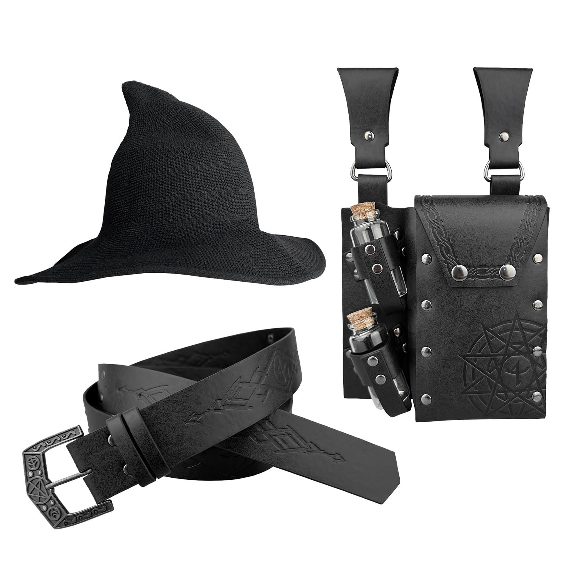 Medieval Alchemy Belt Waist Pack with Potion Bottles and Side Pouch for Cosplay - Black 17cm/6.7in Style B