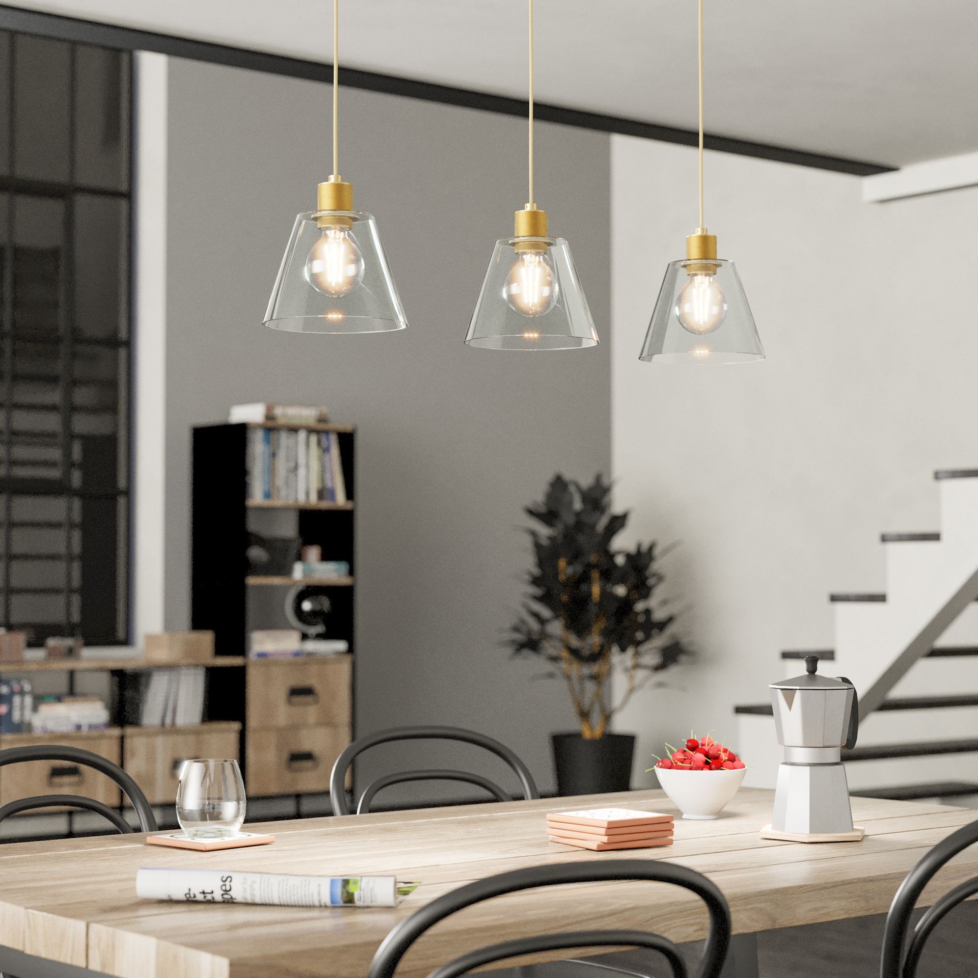 COPLEY Triple Pendant Light – Gold with Clear Conical Glass Shades E27