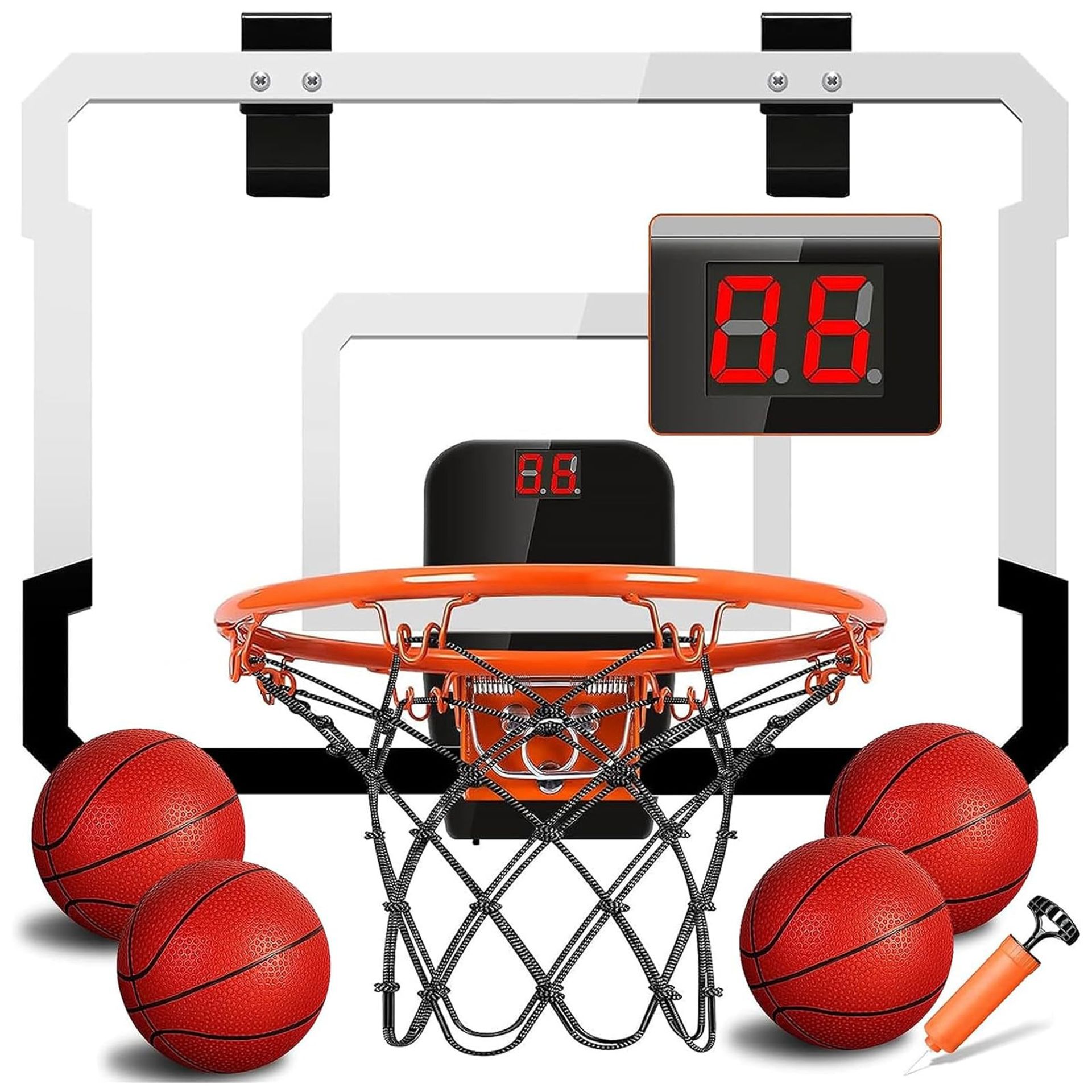 Indoor Basketball Hoop Electronic Scoring Set with 4 Balls Mini Door Hoop Game for Kids - Concave White Black Backboard with Orange Rim