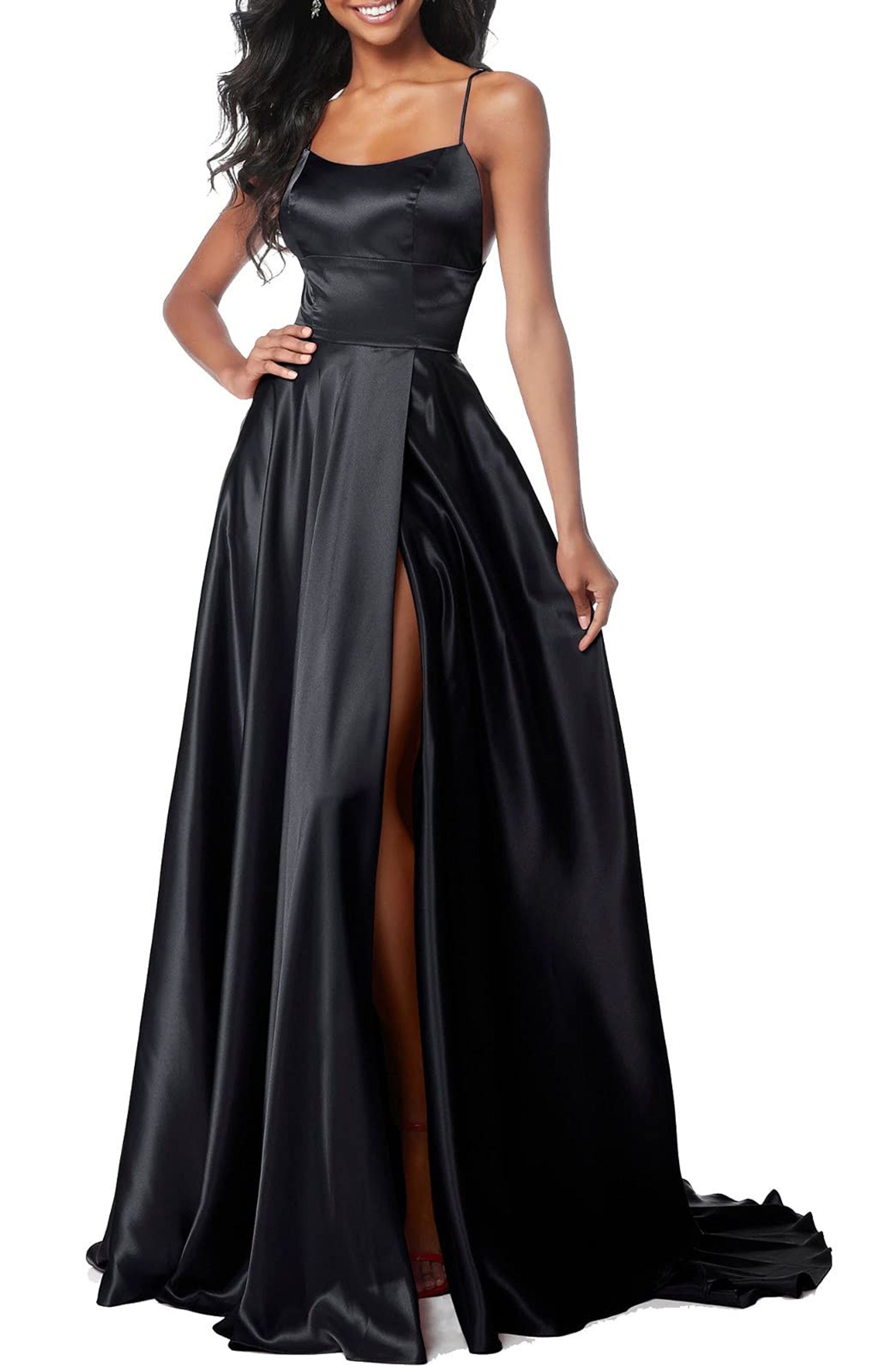 Women's Long Satin Spaghetti Strap Evening Prom Dress Elegant Formal Gown - Black Size 14