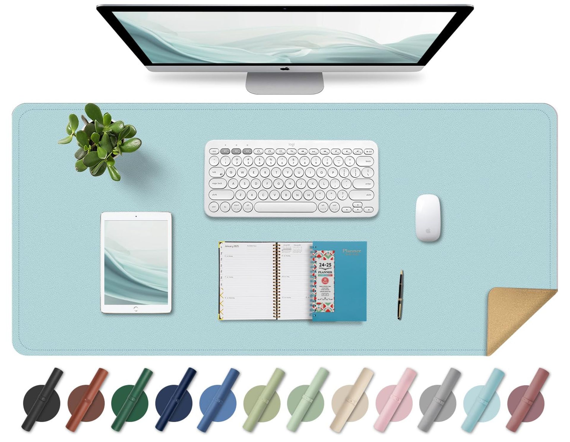 Large Desk Pad Dual-Sided Cork & Leather Desk Protector Non-Slip Surface for Office or Home Use - Light Blue 120x43CM - Student Essentials