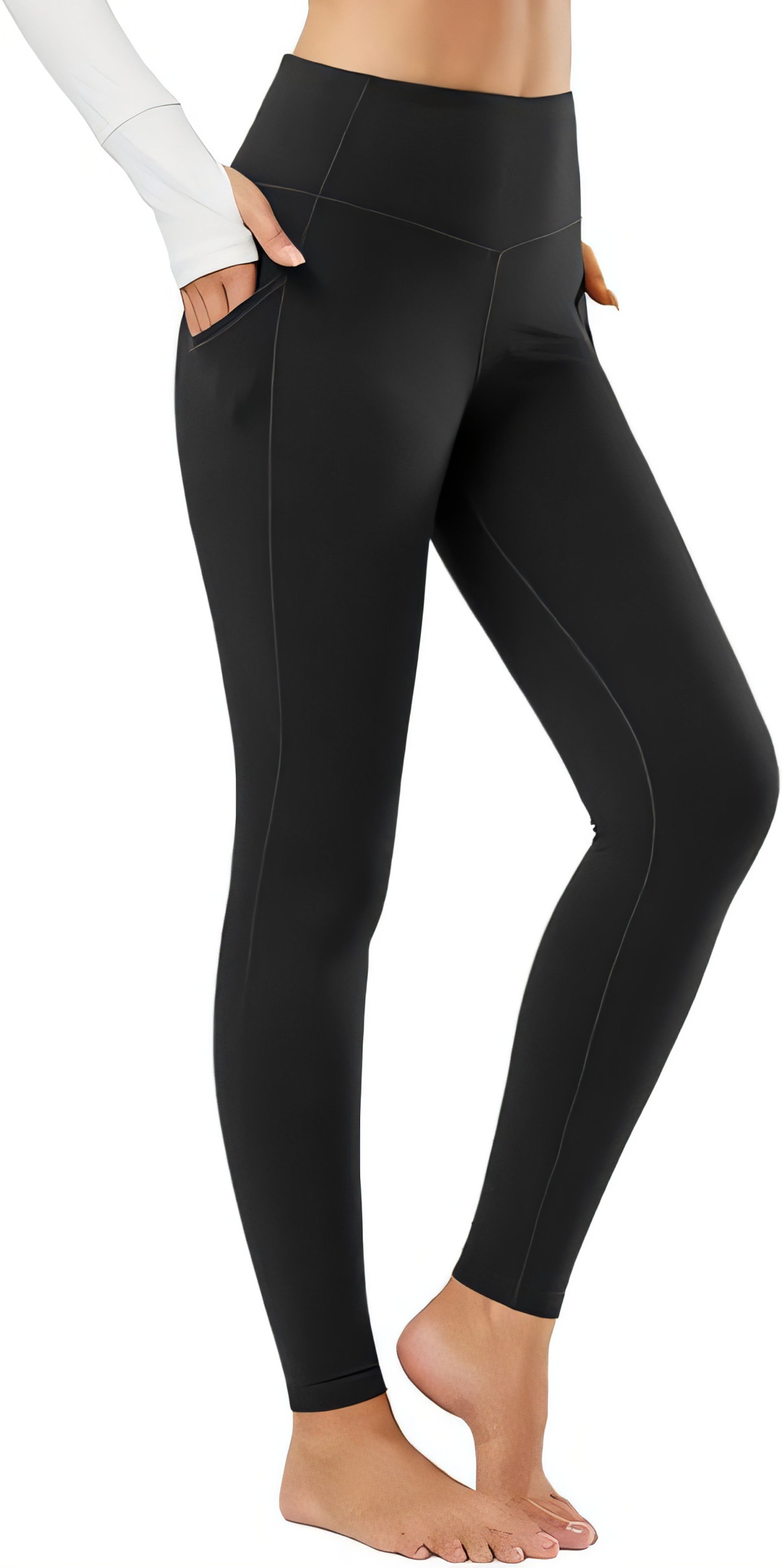 Women's Thermal Fleece Lined Leggings High Waisted Yoga Pants with Pockets - Black L