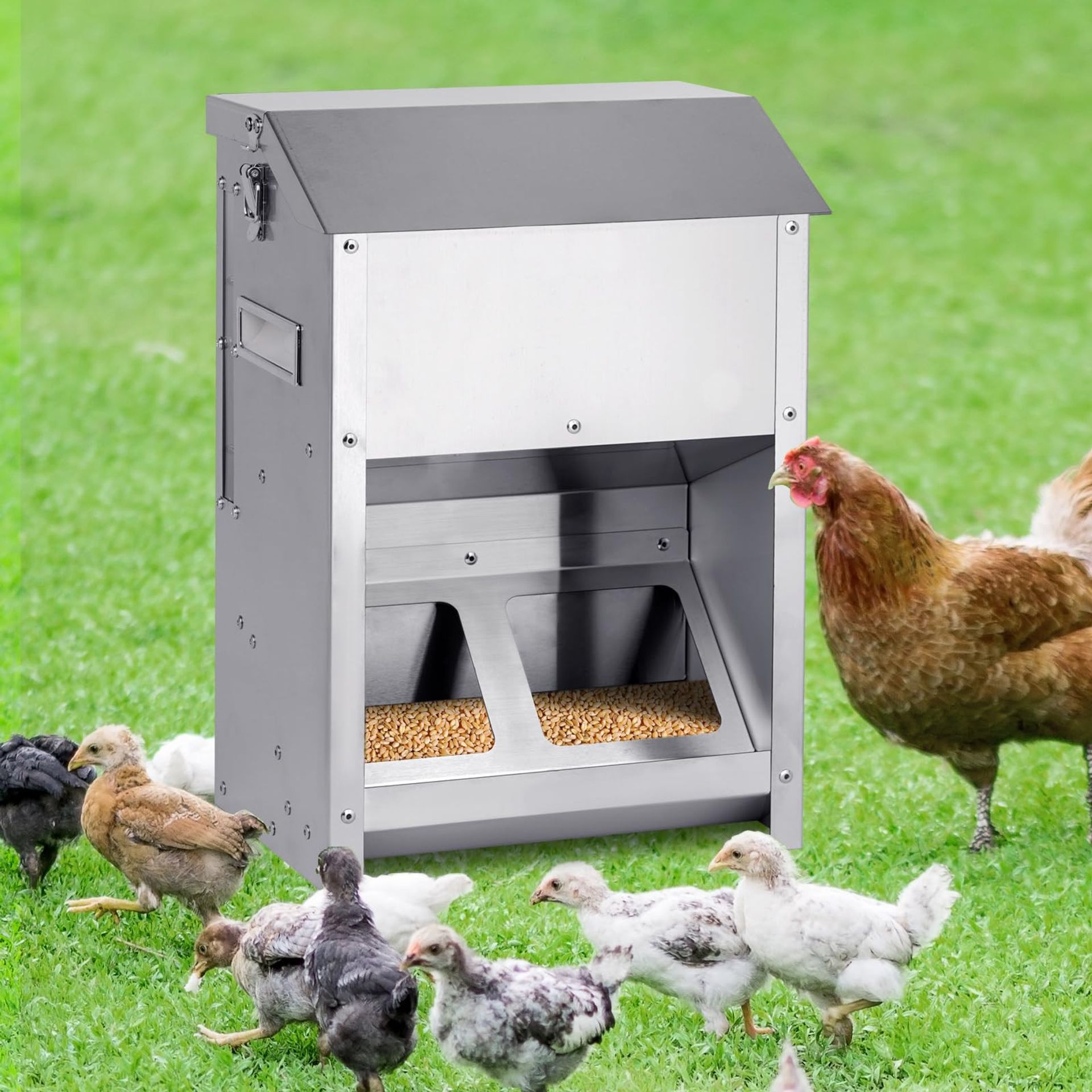 Automatic Chicken Feeder 9kg Stainless Steel No Waste Poultry Feeder with Visual Window & Rainproof Lid for Outdoor Use - Silver 11.4*7.9*16.5 inch