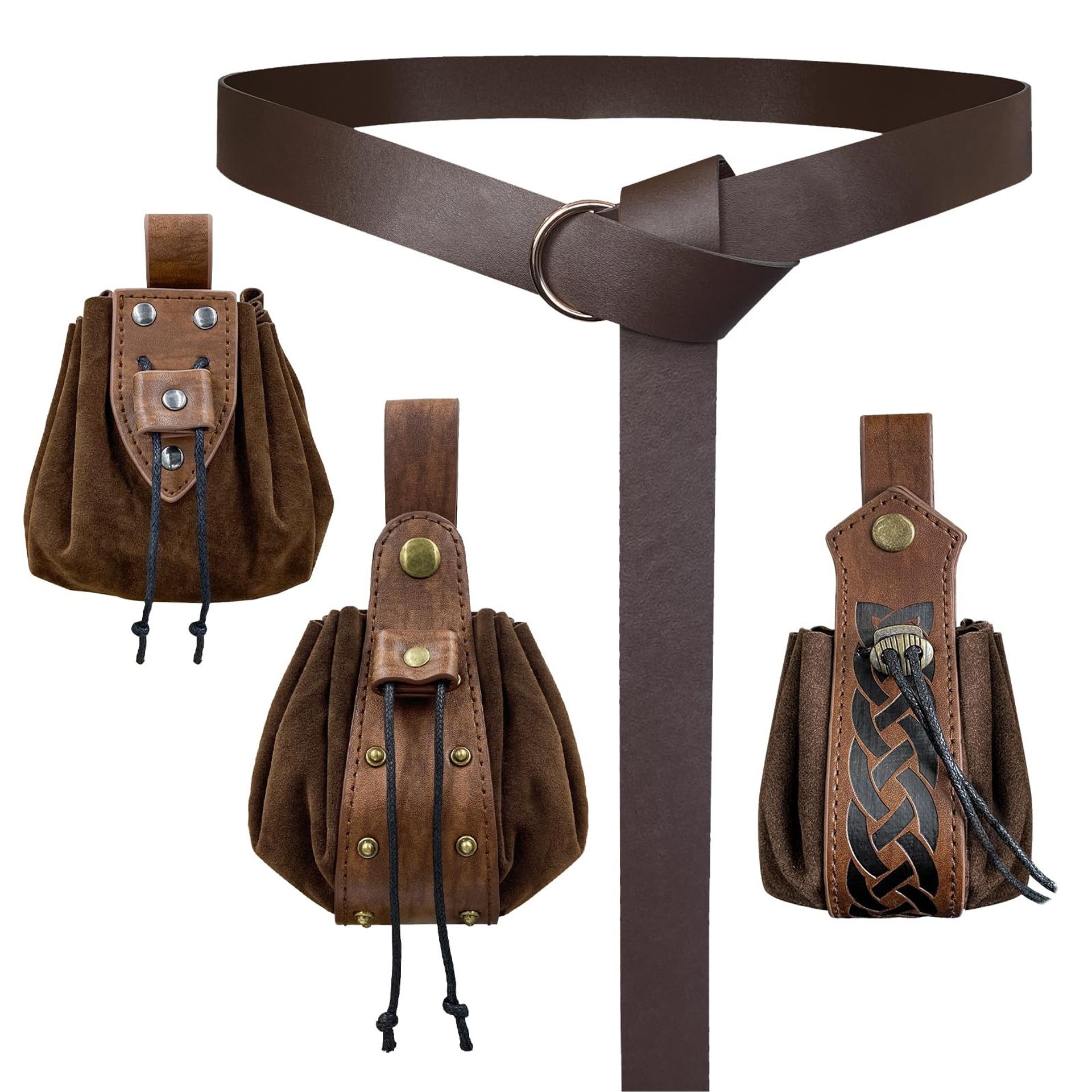 Medieval O-Ring Belt and Drawstring Pouch Set Faux Leather LARP Costume Accessory - Brown A One Size