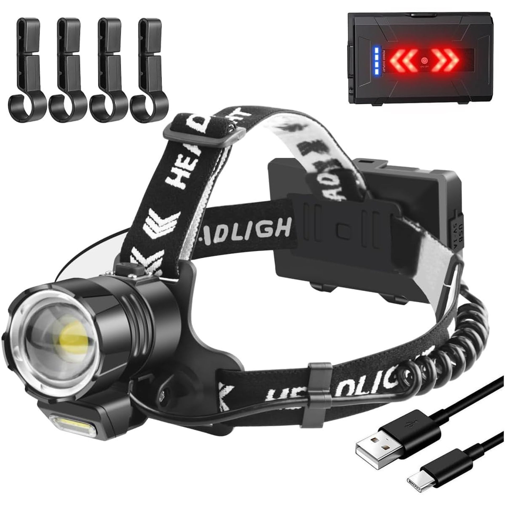 Rechargeable LED Head Torch 15000 Lumens Super Bright with COB Light, Adjustable Focus, Waterproof for Camping, Hiking & Running - Black/White 2058B