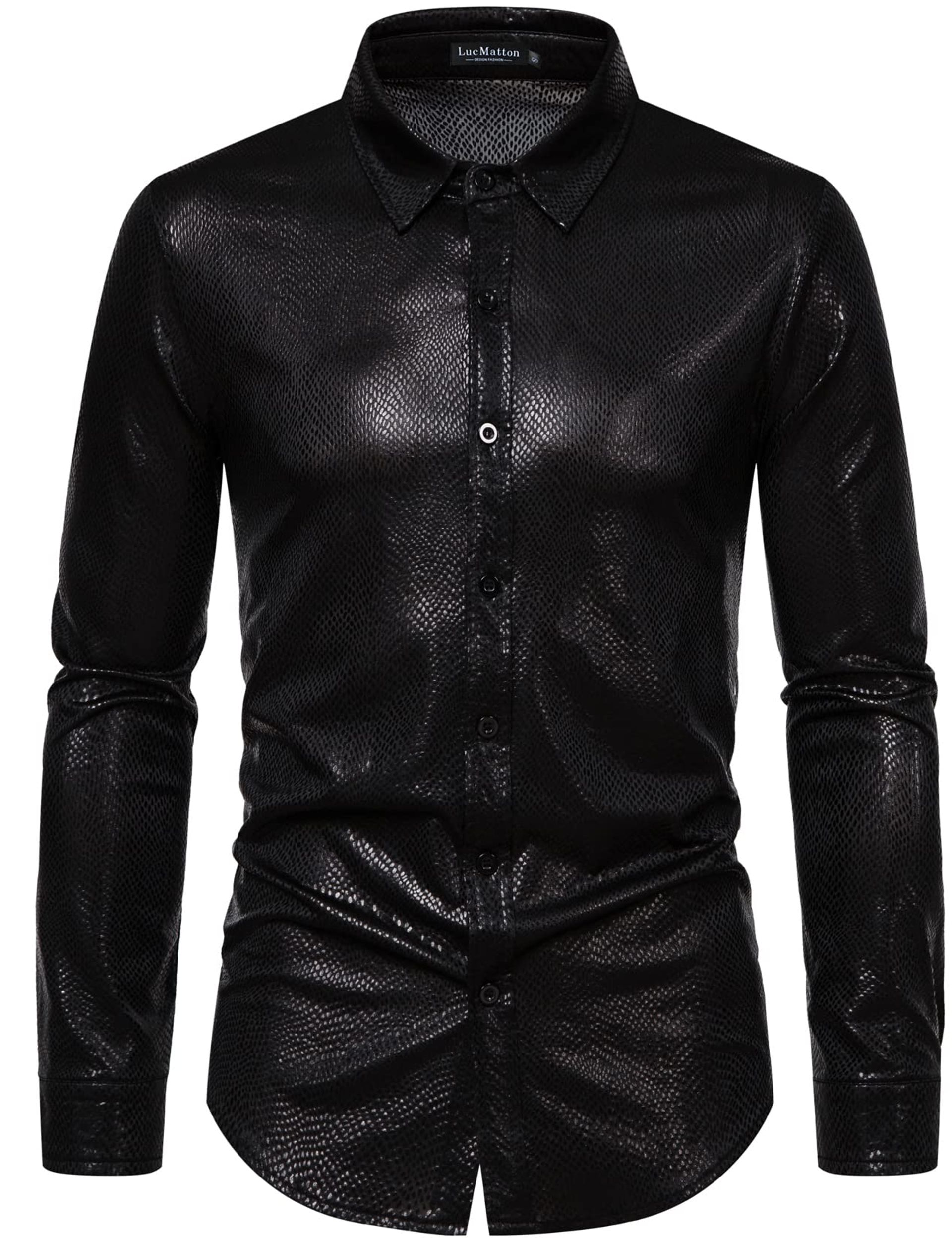 Men's Shiny Metallic 70s Disco Costume Long Sleeve Button-Up Party Shirt - Black XL