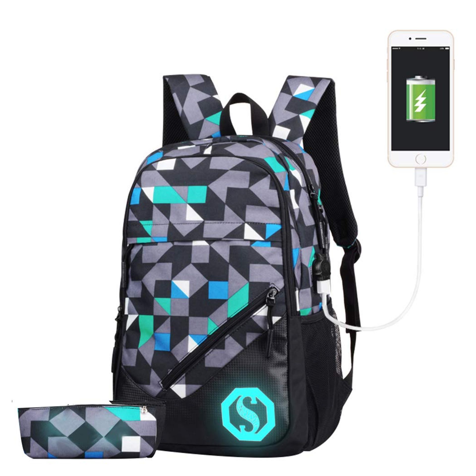 Unisex Multifunctional School Backpack Set with USB Port & Pencil Case - USB ColorF 20L 3 Sets