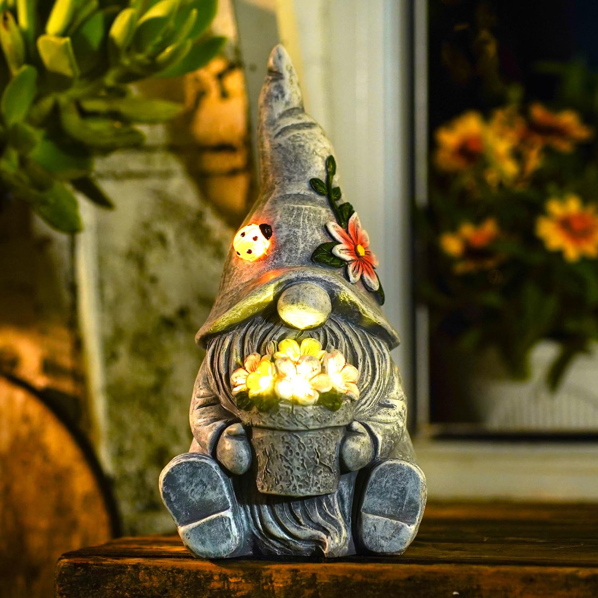 Funny Gnome Garden Ornament Resin Sculpture Solar LED Lights Outdoor Decoration Gift Idea - Grey Solar Gnome with Flowers