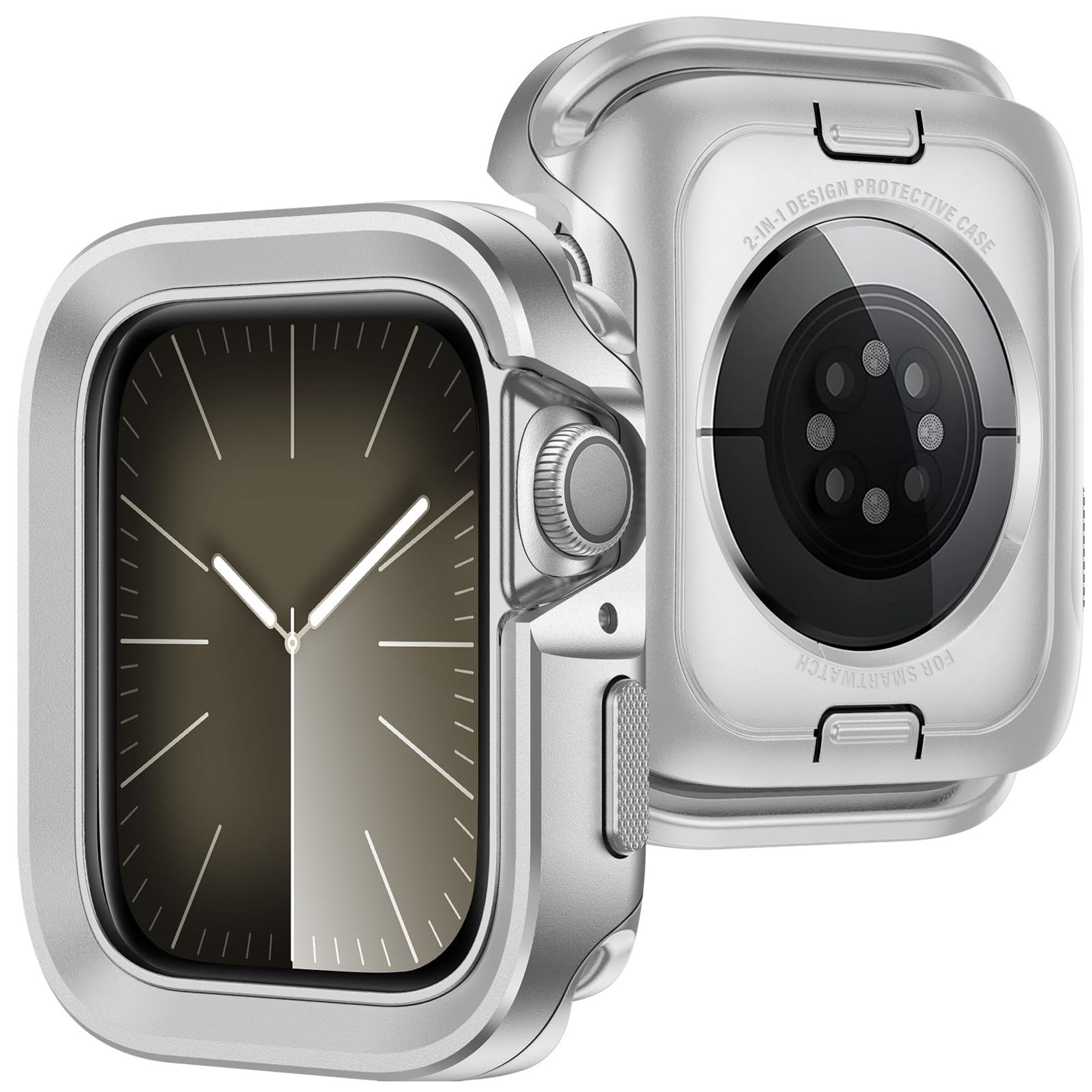 2-in-1 Rugged Protective Metal and Silicone Case Compatible with Apple Watch Series 6 SE 5 4 - Silver 44mm