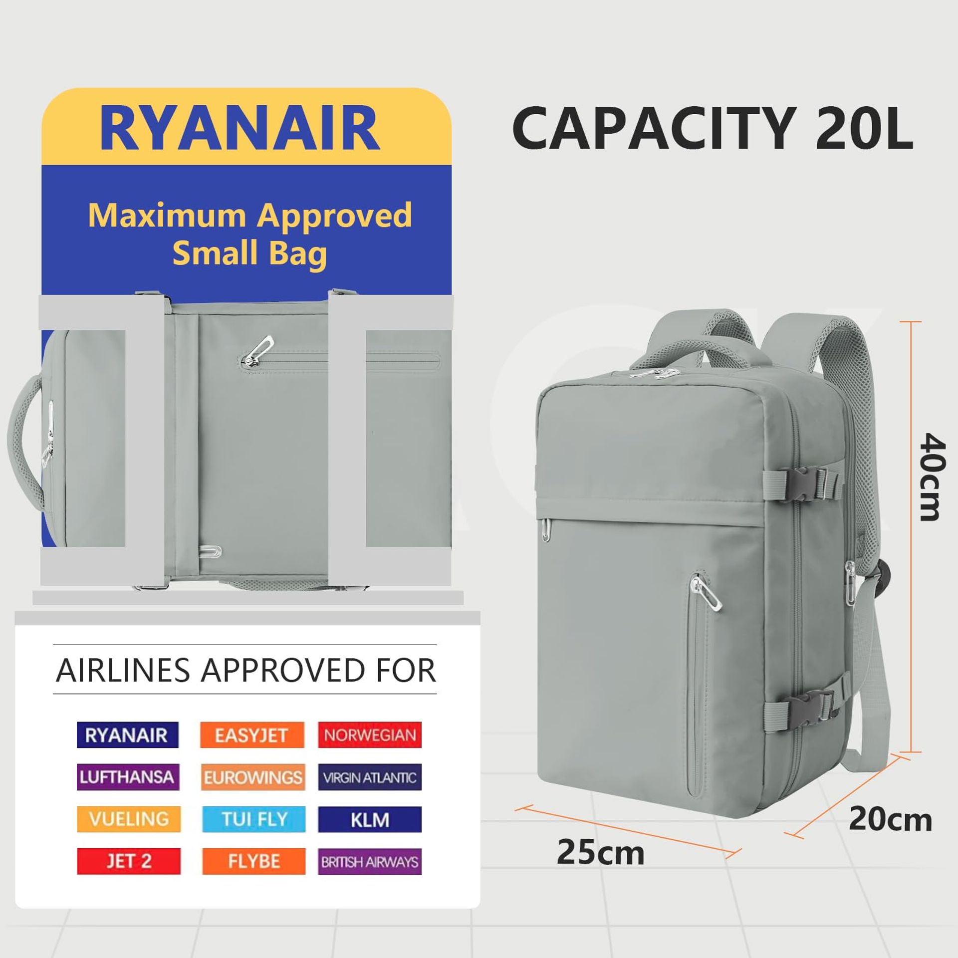 Carry-On Travel Backpack 40x20x25 Ryanair Cabin Bag With USB Port & Organ