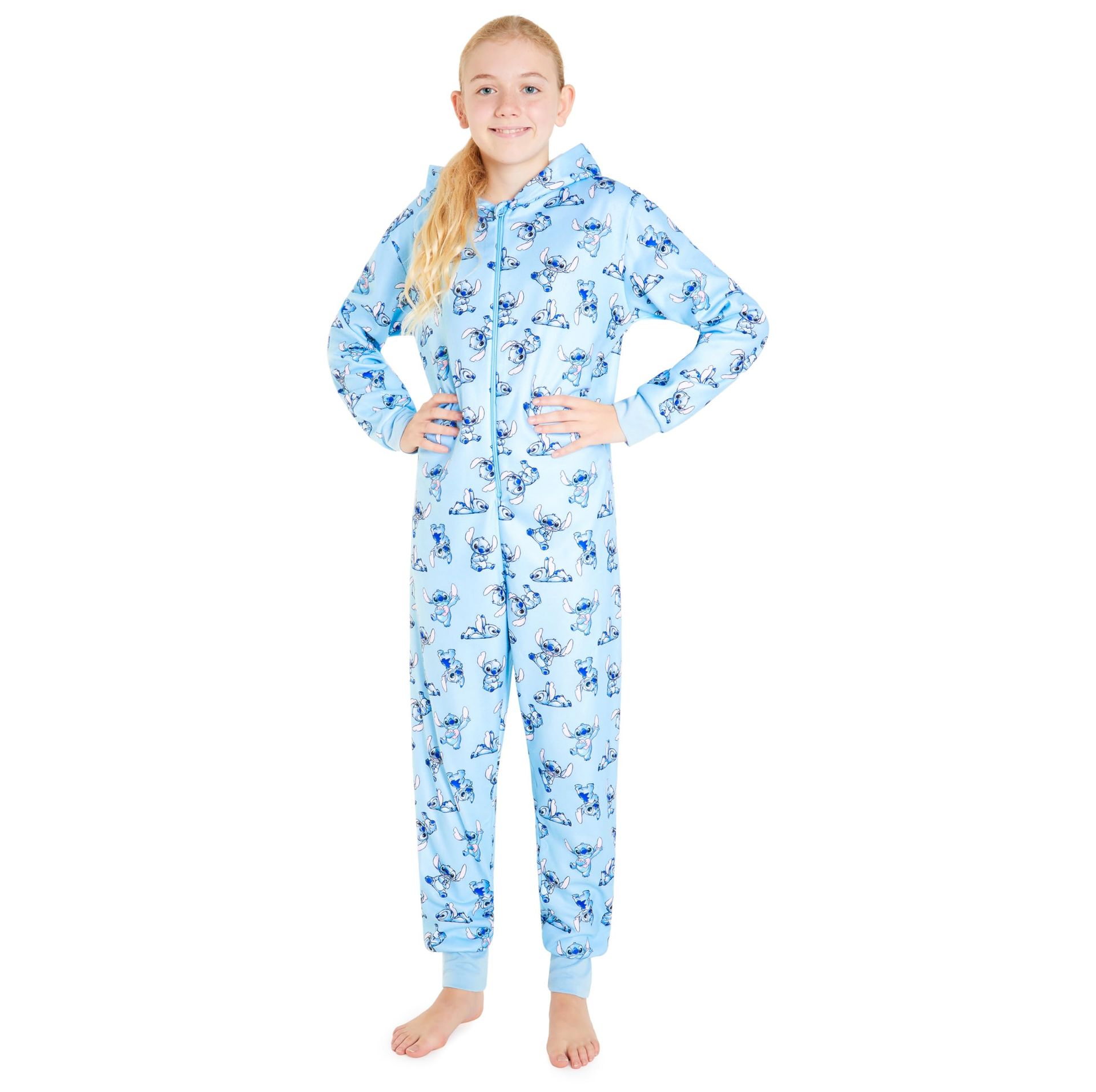 Kids Fleece Hooded Onesie Soft Cosy Loungewear Disney Stitch Design - Blue Stitch 13-14 Years