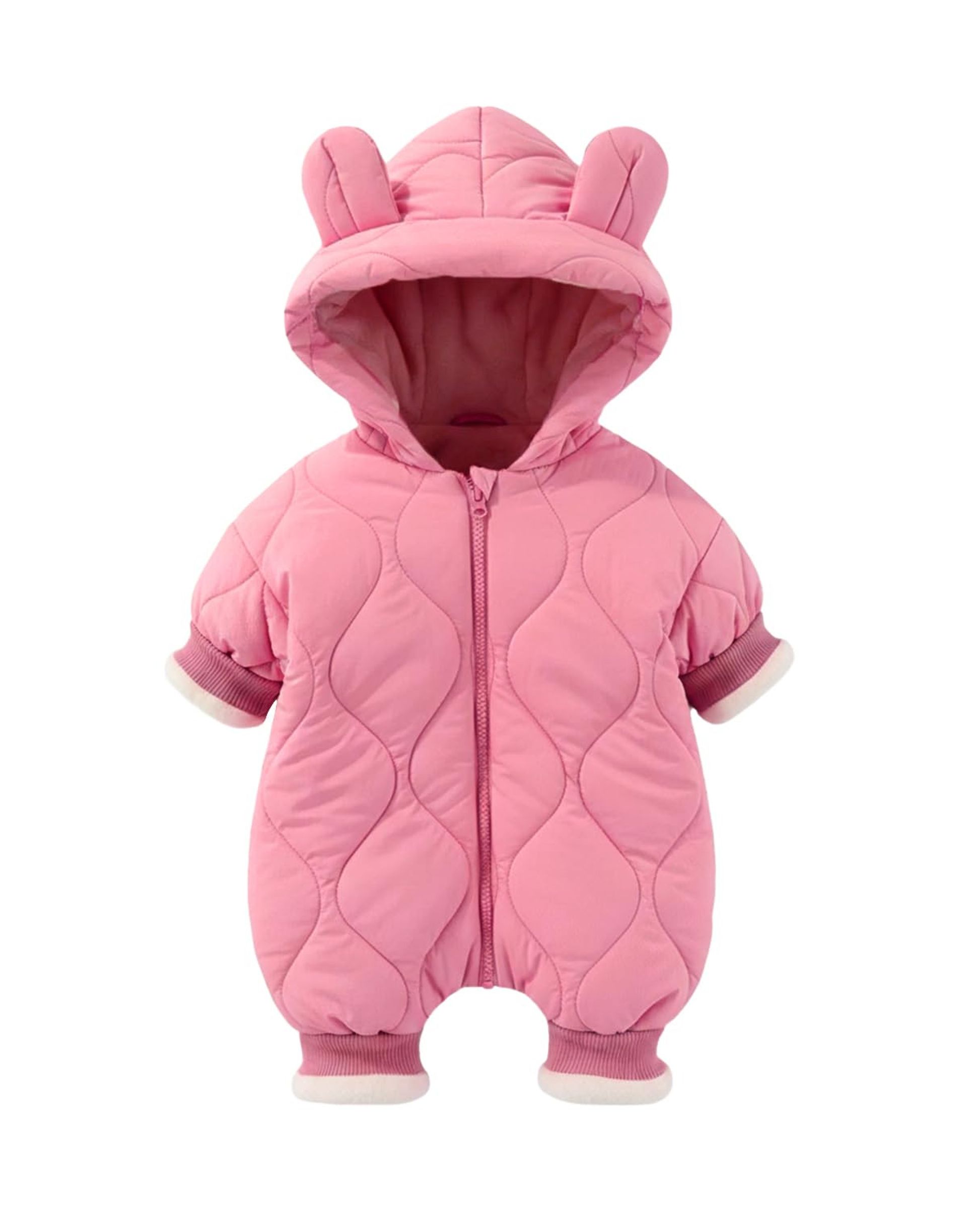 Baby Snowsuit Fleece Winter Romper Hooded with Bear Ears Cotton Lined - Pink 9-12 Months