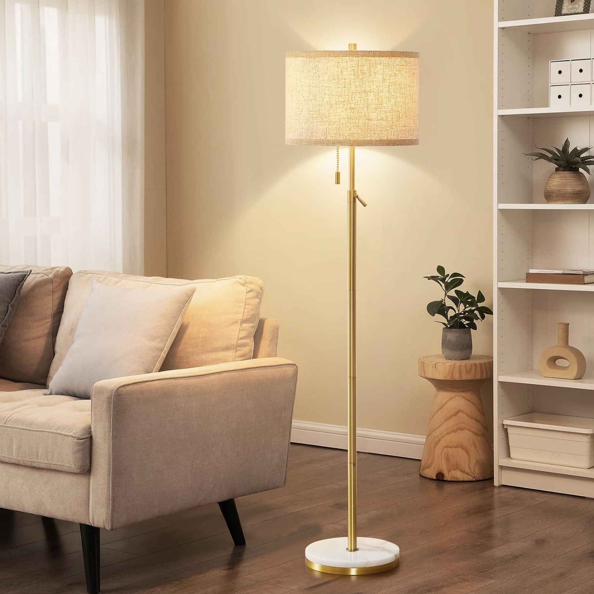 Floor Lamp Adjustable Height Standing Light with Marble Base & Pull Chain for Living Room, Bedroom & Office - Gold - Spring Refresh