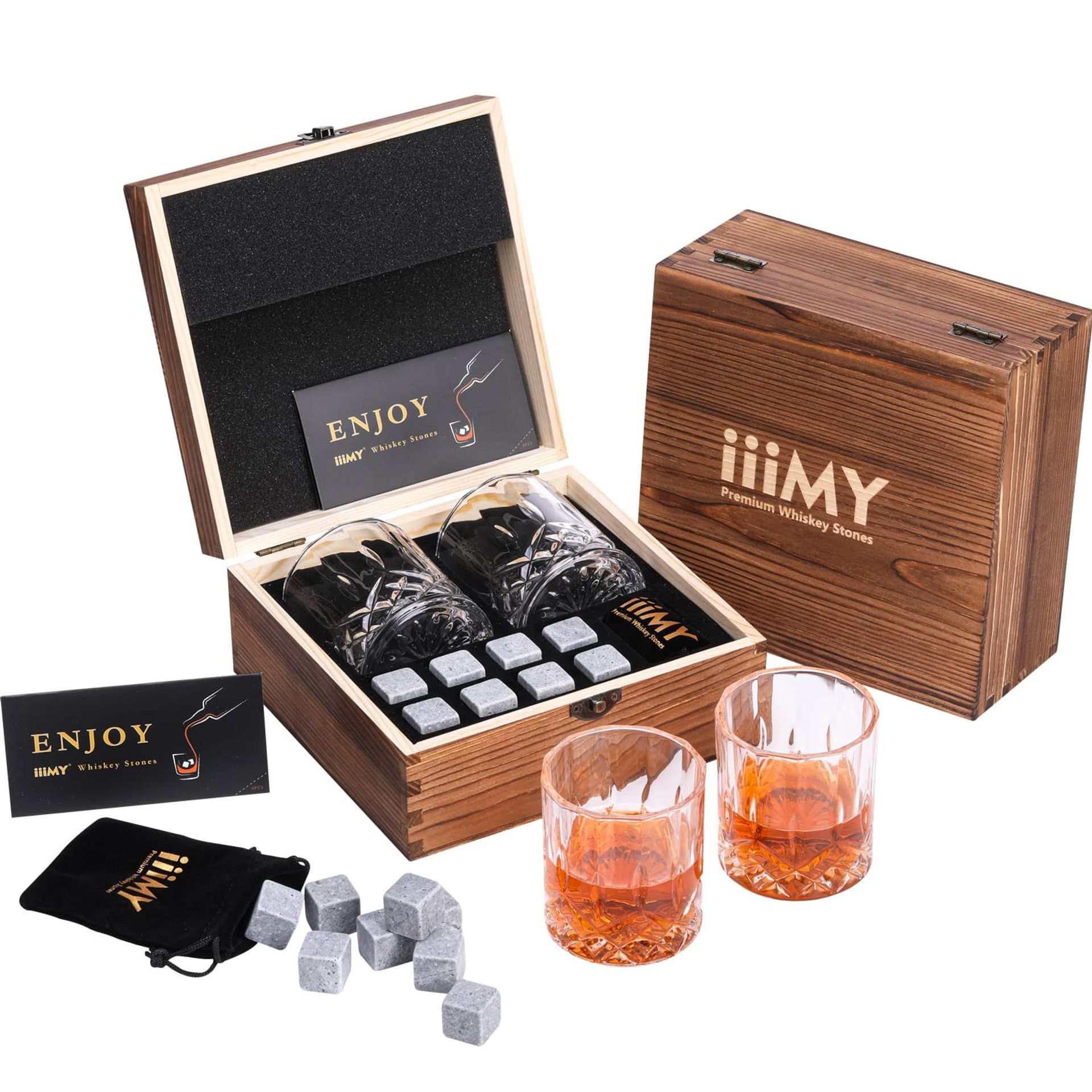 Whisky Stones and Glasses Gift Set with Handmade Wooden Box – Chilling Rocks for Whisky Lovers, Set of 2 Glasses - Brown Grey 20mm