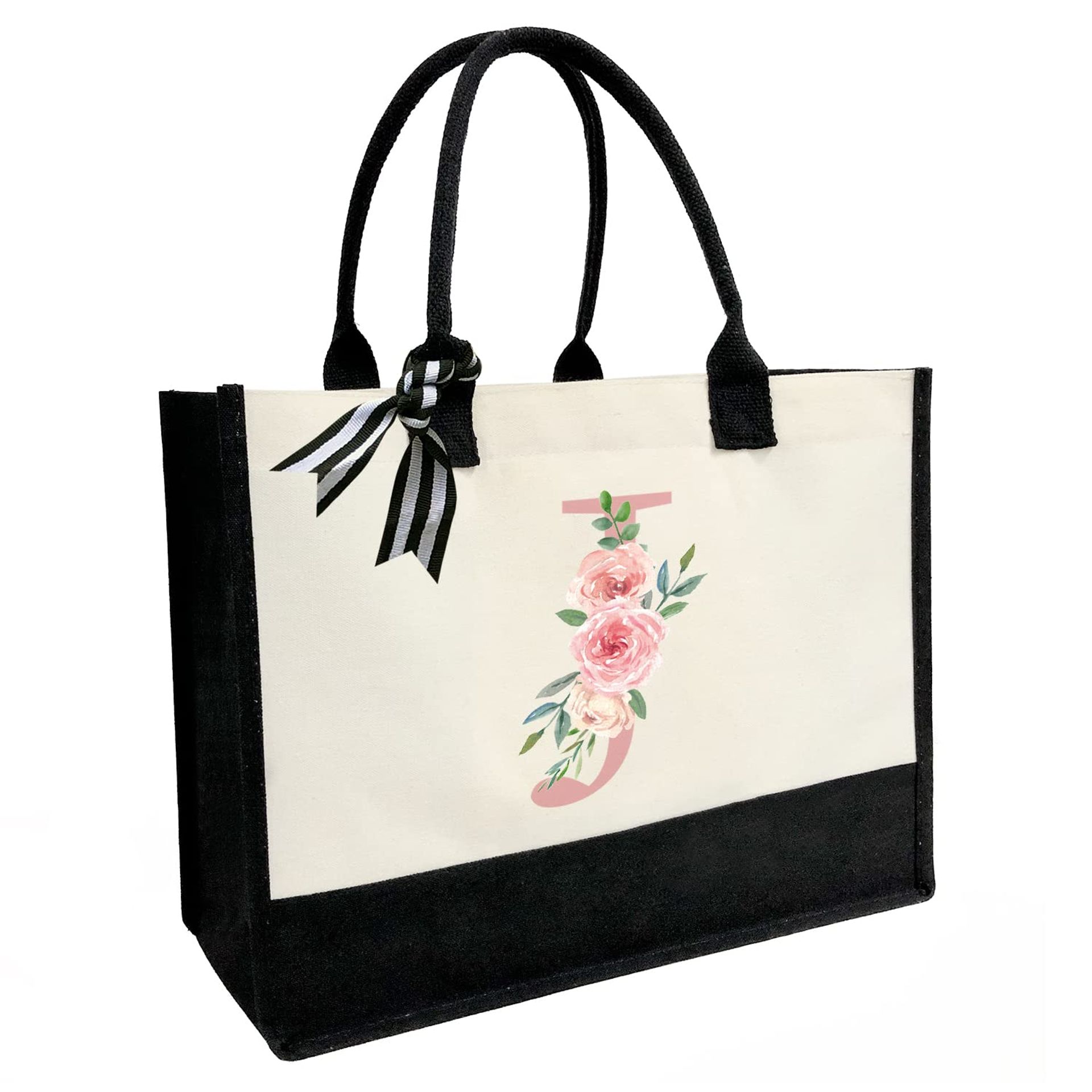 Personalised Initial Canvas Beach Tote Bag with Zipped Pocket and Double Shoulder Straps - Pink Letter J One Size