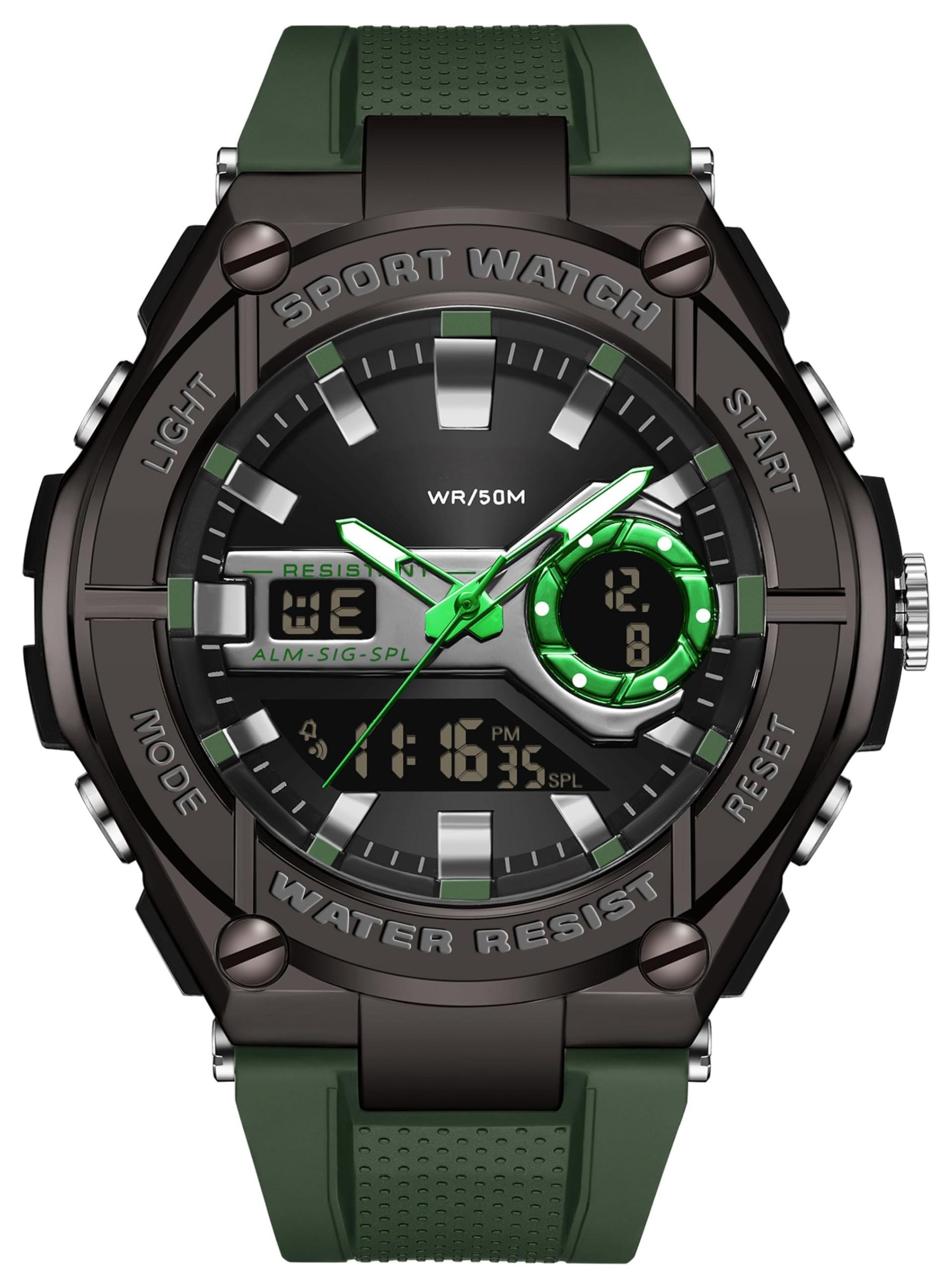 Men's Digital Sports Watch 5ATM Waterproof LED Backlight Stopwatch Alarm - Black Military Style