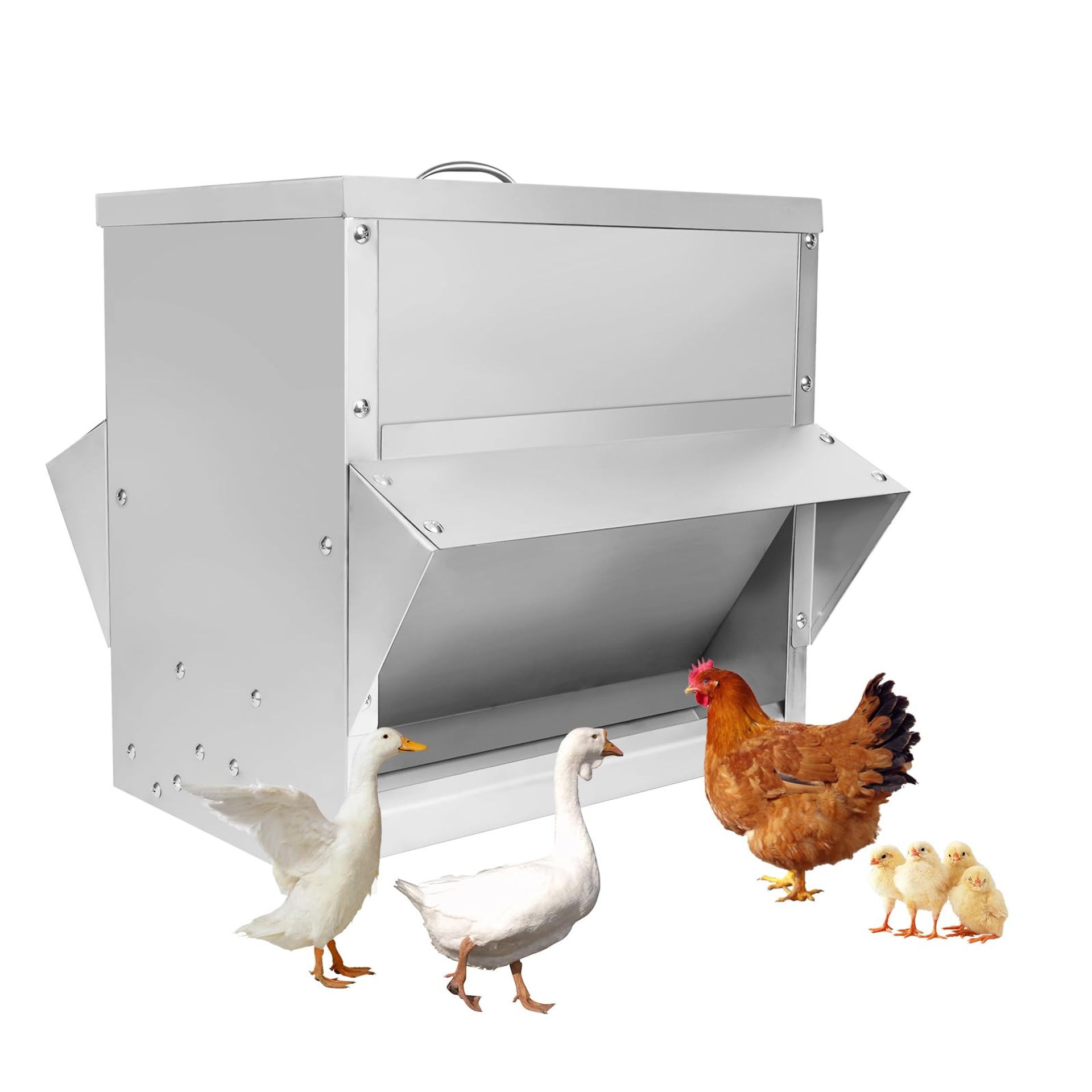Chicken Feeder 25KG Large Capacity Stainless Steel Automatic Poultry Feed Dispenser Rainproof No Waste Design - Silver 12x12x12inch