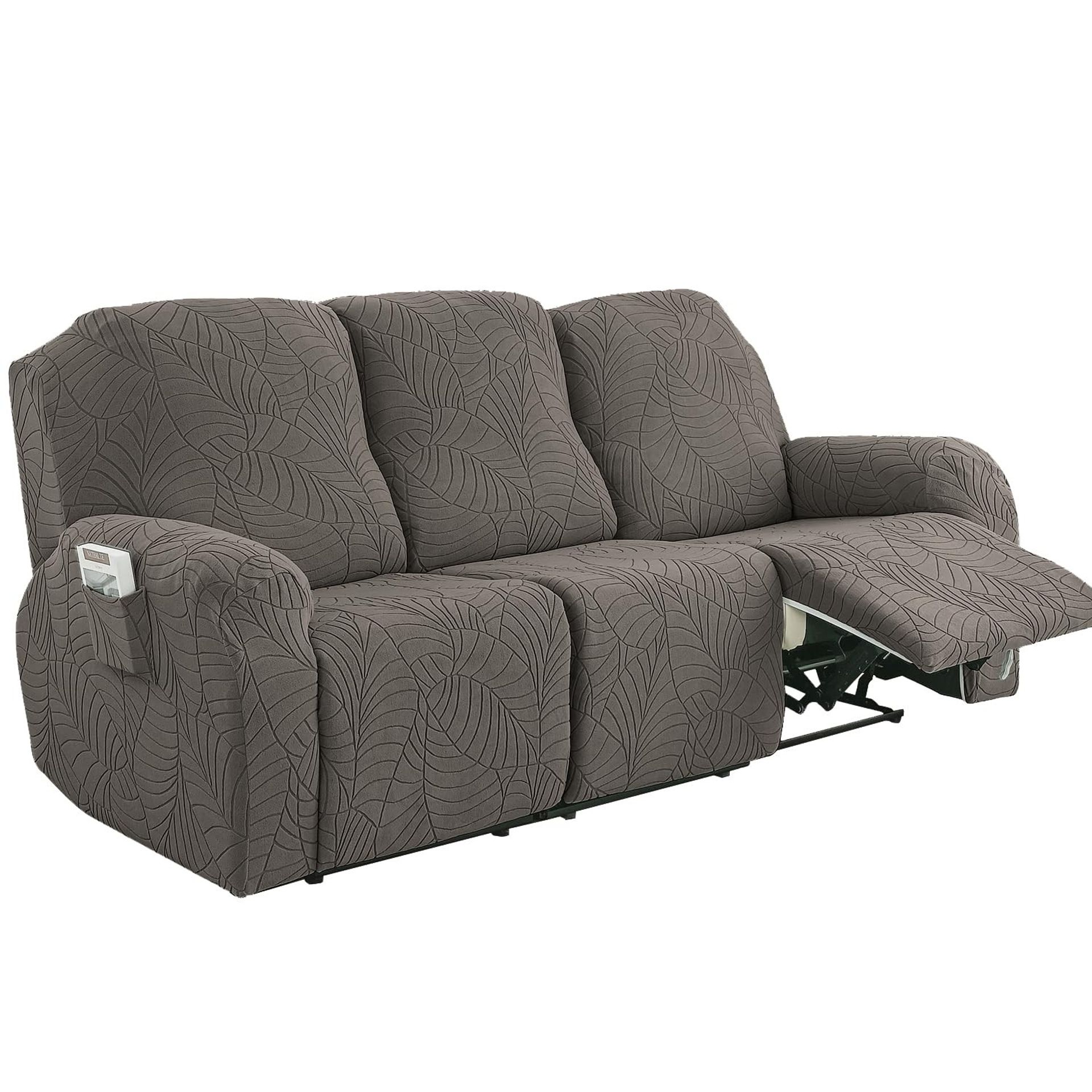 Stretch Recliner Chair Covers Jacquard Polyester Spandex with Elastic Sides and Storage Pocket - Taupe 3 Seater