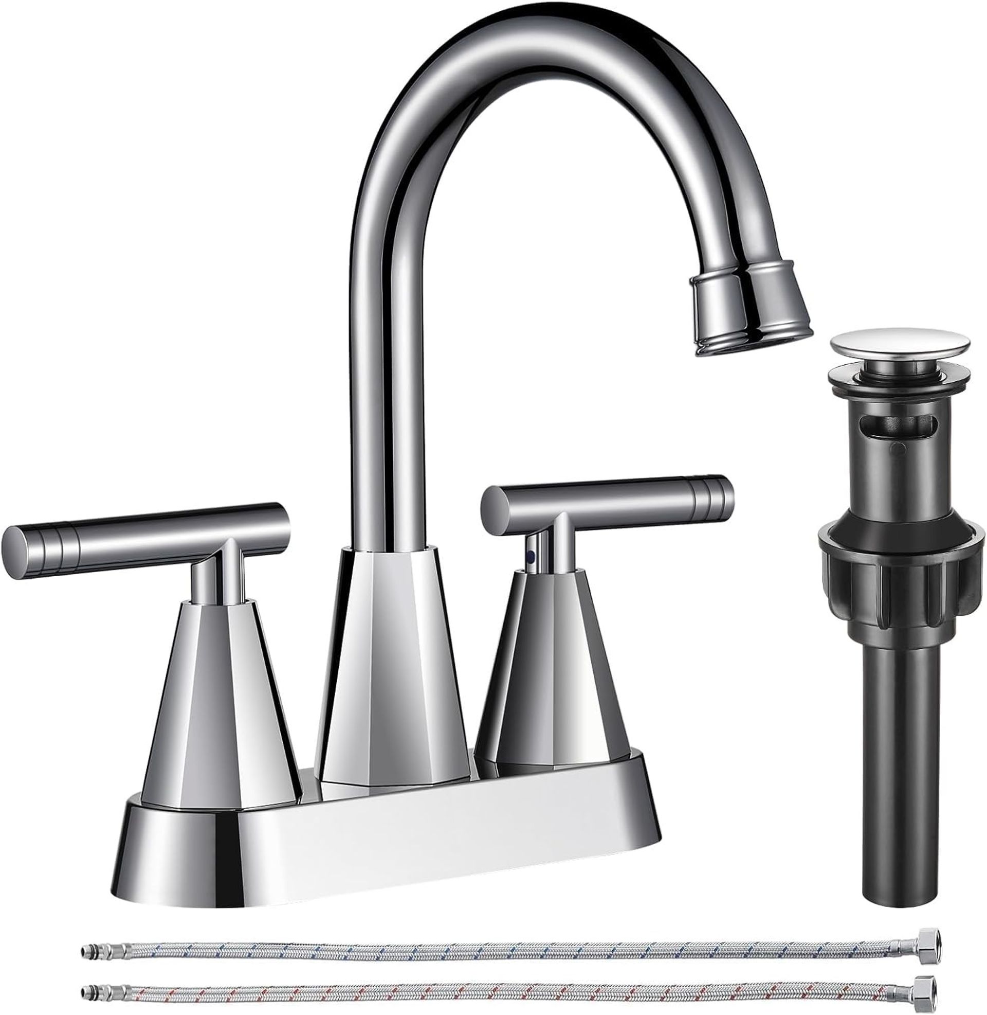 3 Hole Bathroom Sink Taps 4 Inch Chrome Faucet with Pop-up Drain and Hoses Stainless Steel Lead-Free Centreset - Chromelt